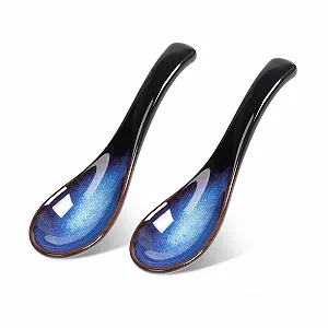 Ложка для супа в японском стиле, керамическая, синяя, ретро, для рамен, с короткой ручкой, маленькая фарфоровая, креативная, для десертов и фруктов, синяя (2 шт) - Фото 1