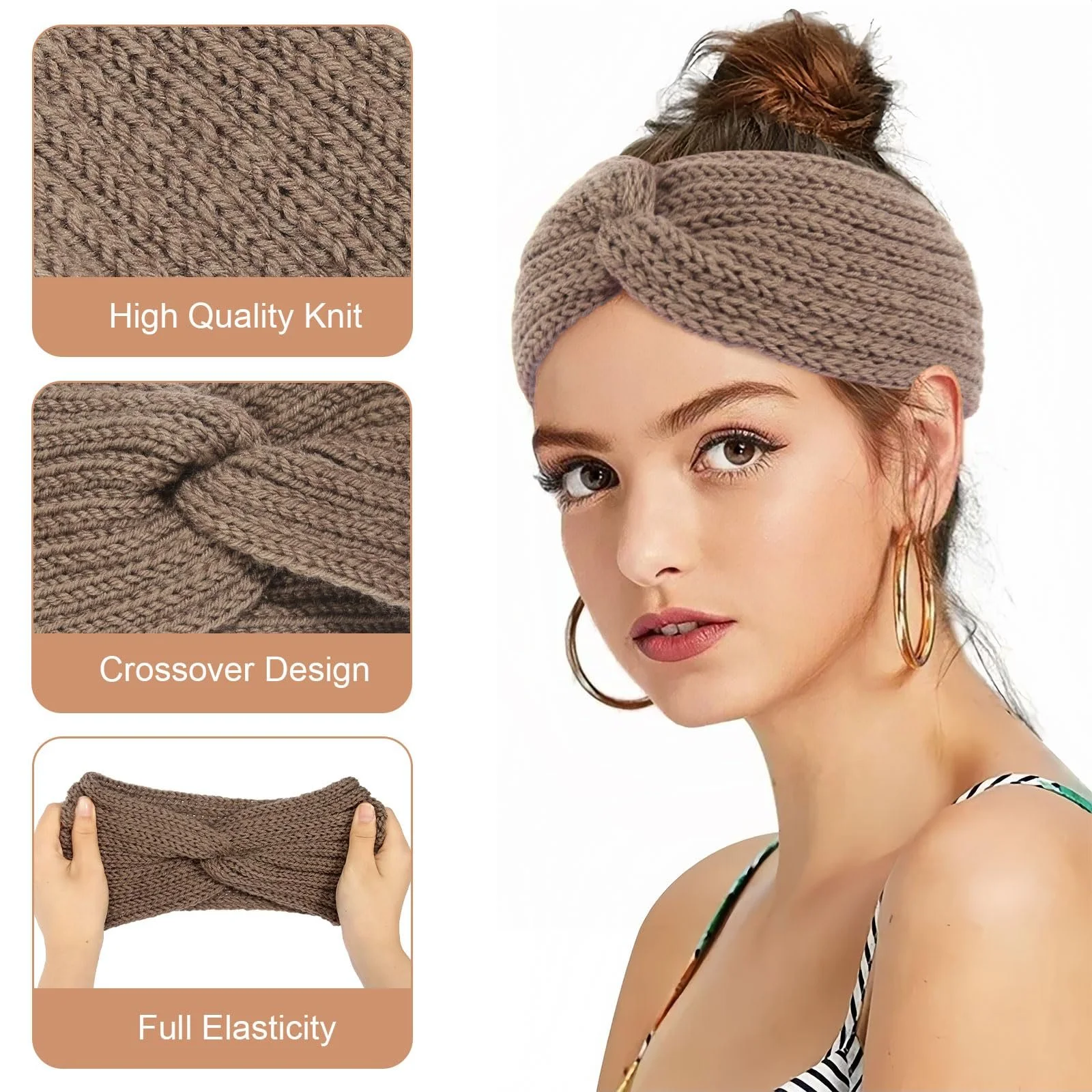 Пов'язка на голову В'язана еластична широка зимова, фото №3