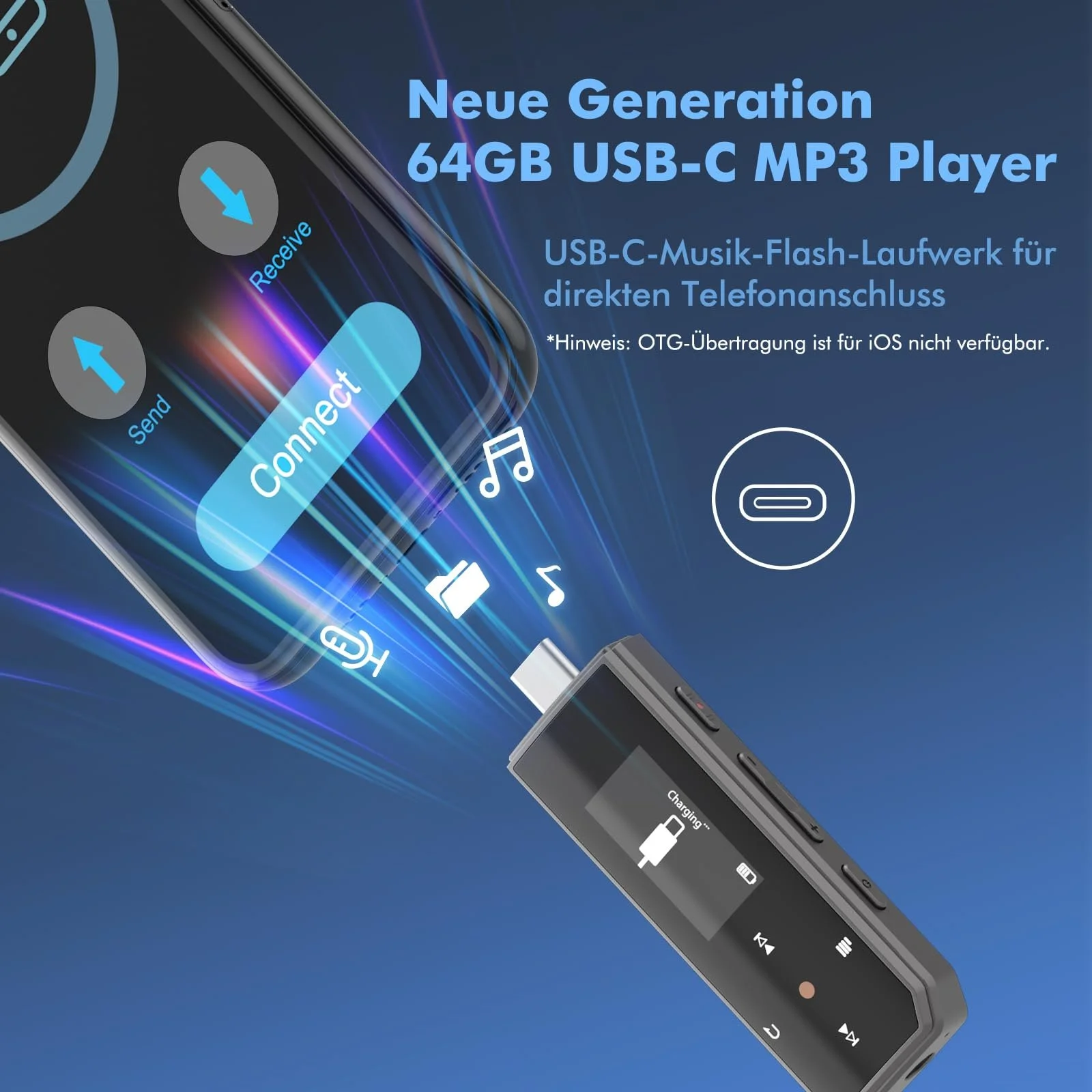 MP3 плеєр портативний 64GB Bluetooth 5.3, запис в один клік, кліпса, FM-радіо, підключення до мобільного телефону, незалежна кнопка гучності, фото №3