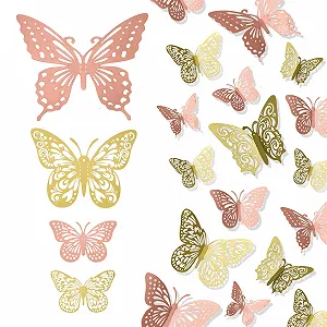 Декоративні наклейки Метелики 3D PET 24 шт. Золото та рожеве золото - Фото 1