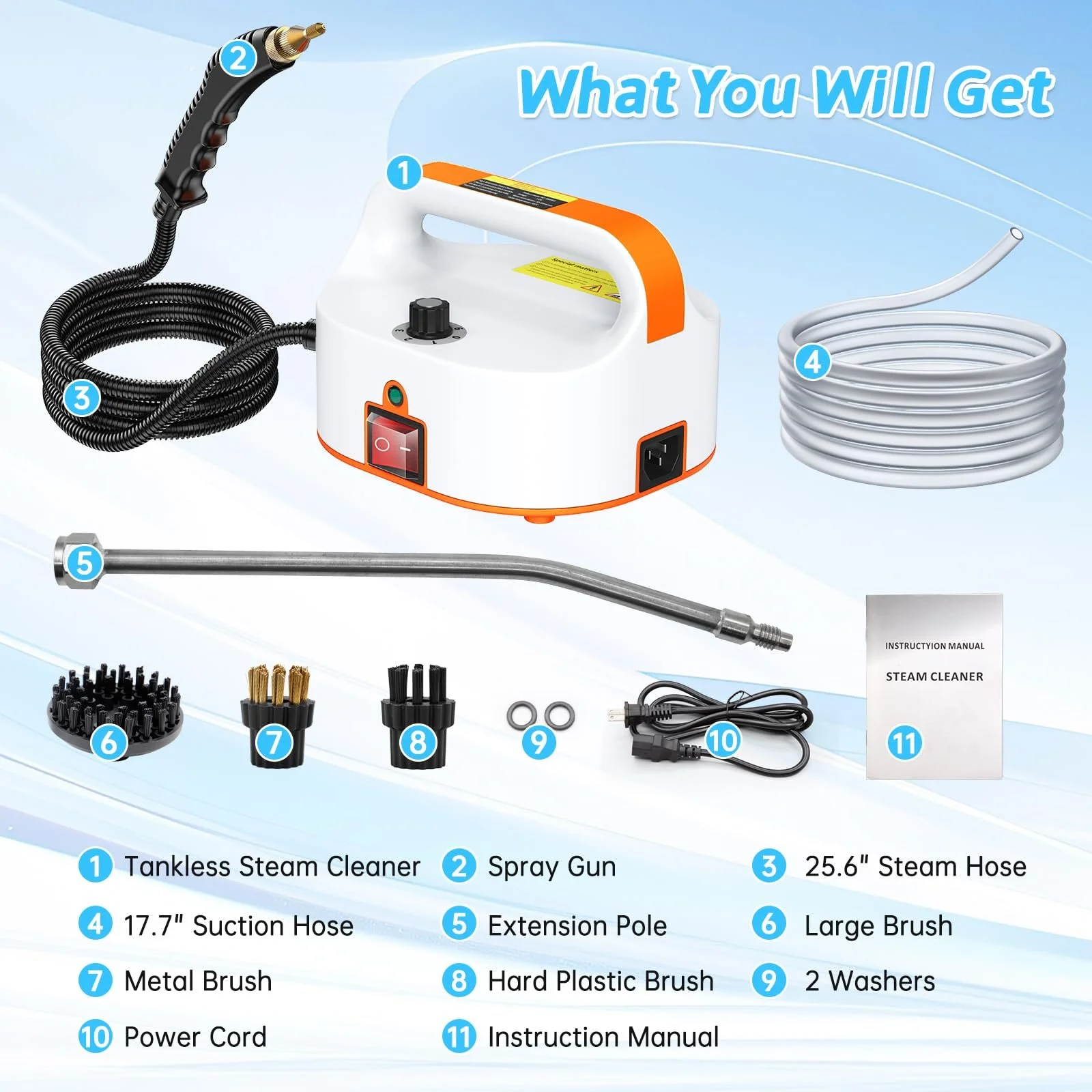 Ручний пароочисник 2500 W 4.5 Bar 6 швидкостей 3 щітки, фото №7 Ручний пароочисник 2500 W 4.5 Bar 6 швидкостей 3 щітки, фото №7