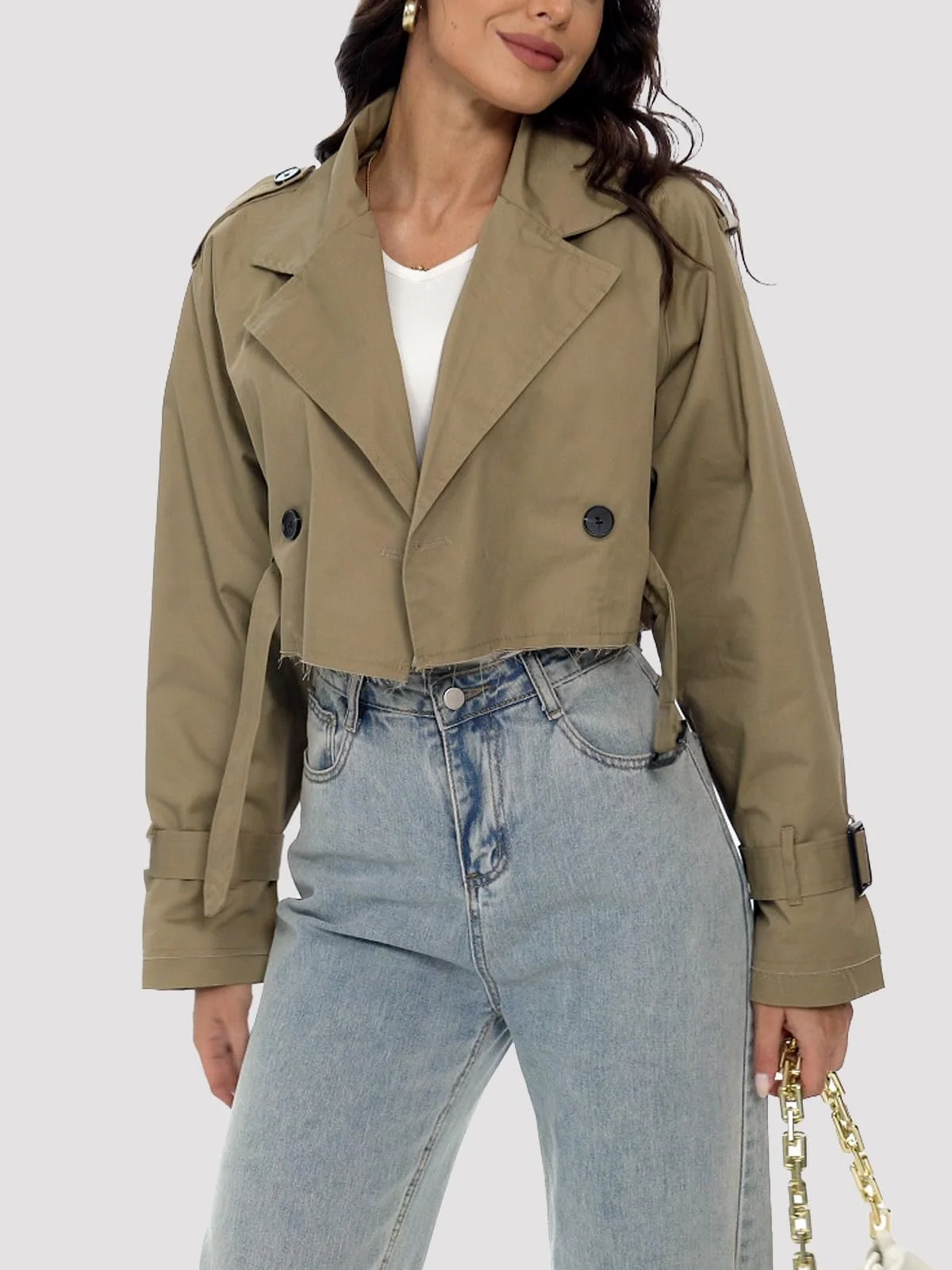 Тренч PAODIKUAI Жіночий Двобортний Укорочений Класичний з Лацканами та Регульованим Поясом, фото №4