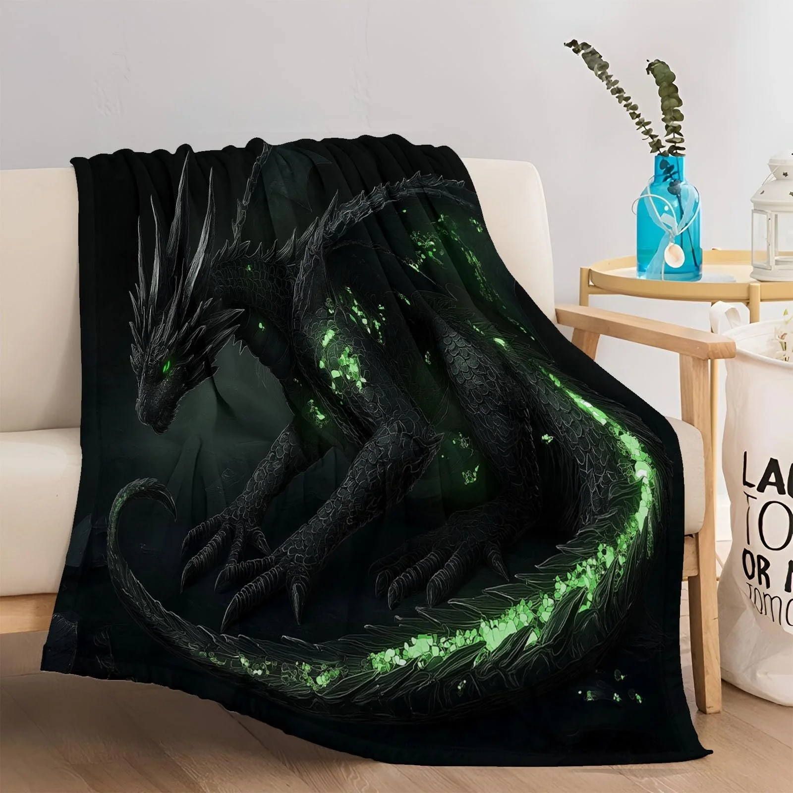 Покривало Фланелева М'яка, Абстрактний Неоновий Дракон, 220 x 240 см, Зелений, Чорний, фото №4