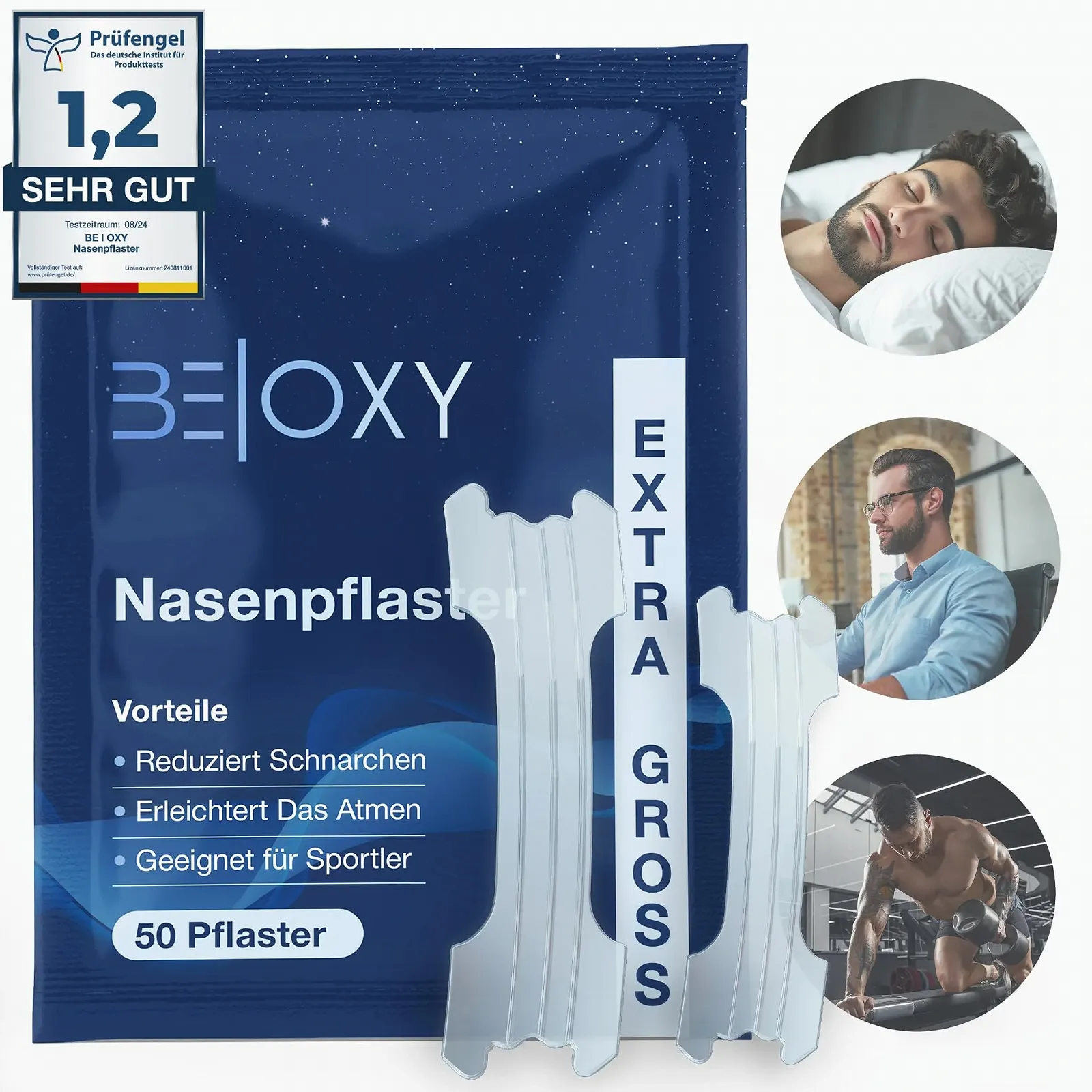 Пластирі для носа BE|OXY проти хропіння 50 шт., дуже великі та міцні, прозорі, підходять для спорту, сну та дихання, фото №1
