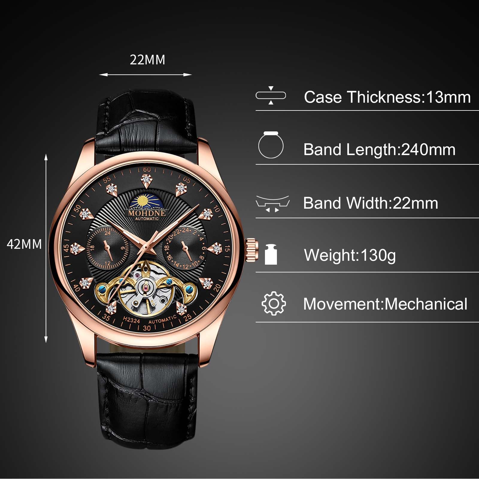Часы rorios Men's Automatic Tourbillon Diamond Skeleton Waterproof Mechanical Luminous Moon Phase Leather Strap, фото №3