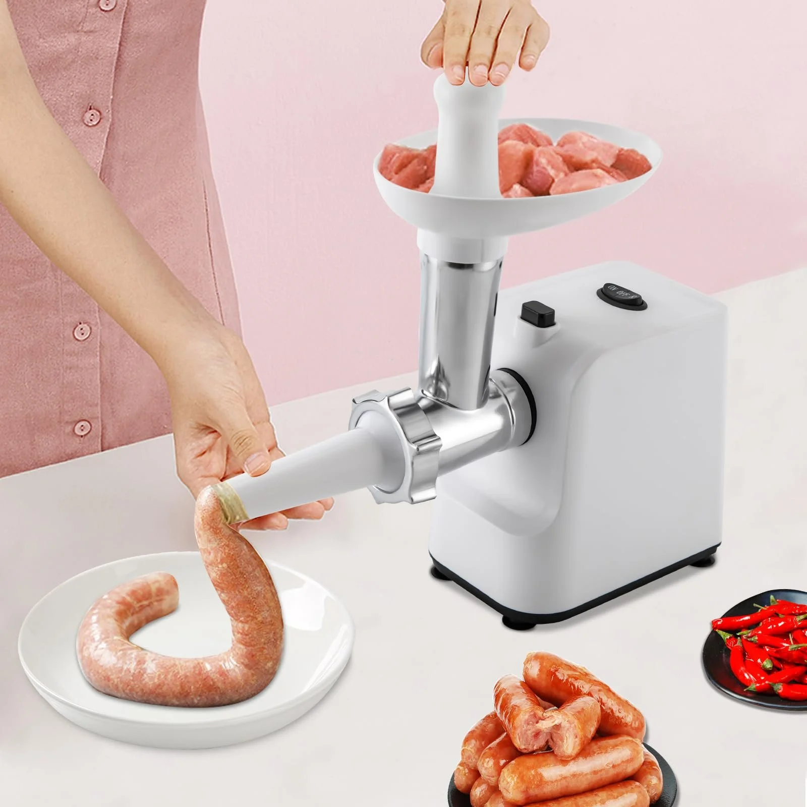 Электрическая мясорубка с насадкой для колбас 1000 Вт 3 решетки белый/стальной, фото №2 Электрическая мясорубка с насадкой для колбас 1000 Вт 3 решетки белый/стальной, фото №2