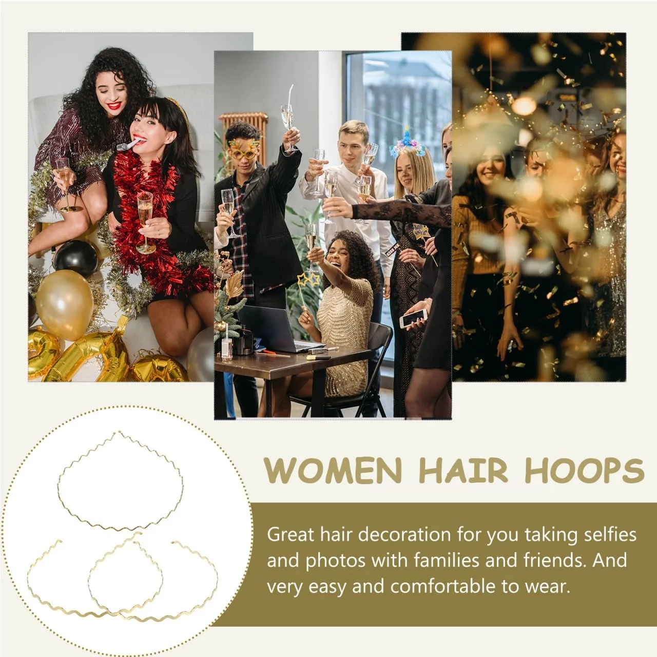 Металевий хвилястий обруч Lurrose 3 шт, тонкі обручі, золотий, фото №7