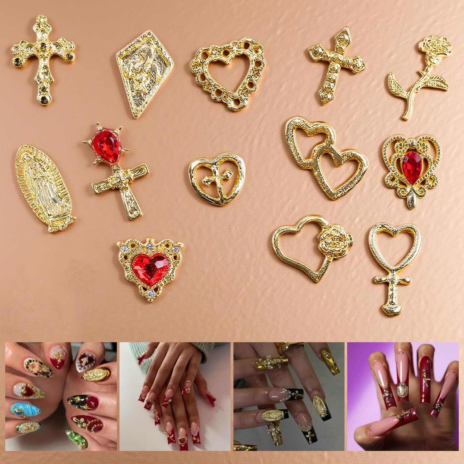 3D Украшения для ногтей Золото, 60 шт Дева Мария, розы, кресты, рубины и сердца, фото №3