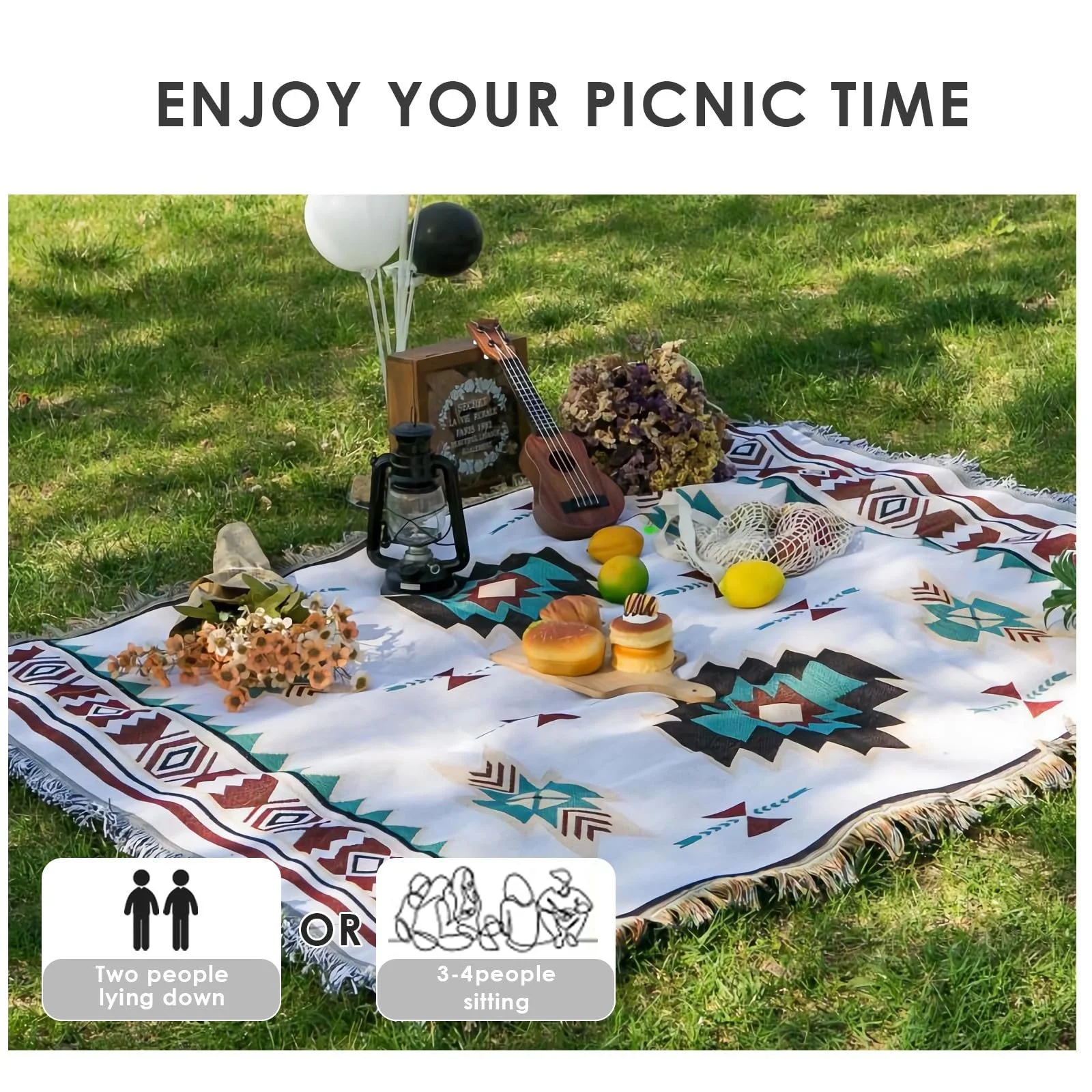 Плед LumiSyne Бавовняний тканий з китицями Богемний етнічний стиль Ацтек Навахо 160 x 130 см, фото №4