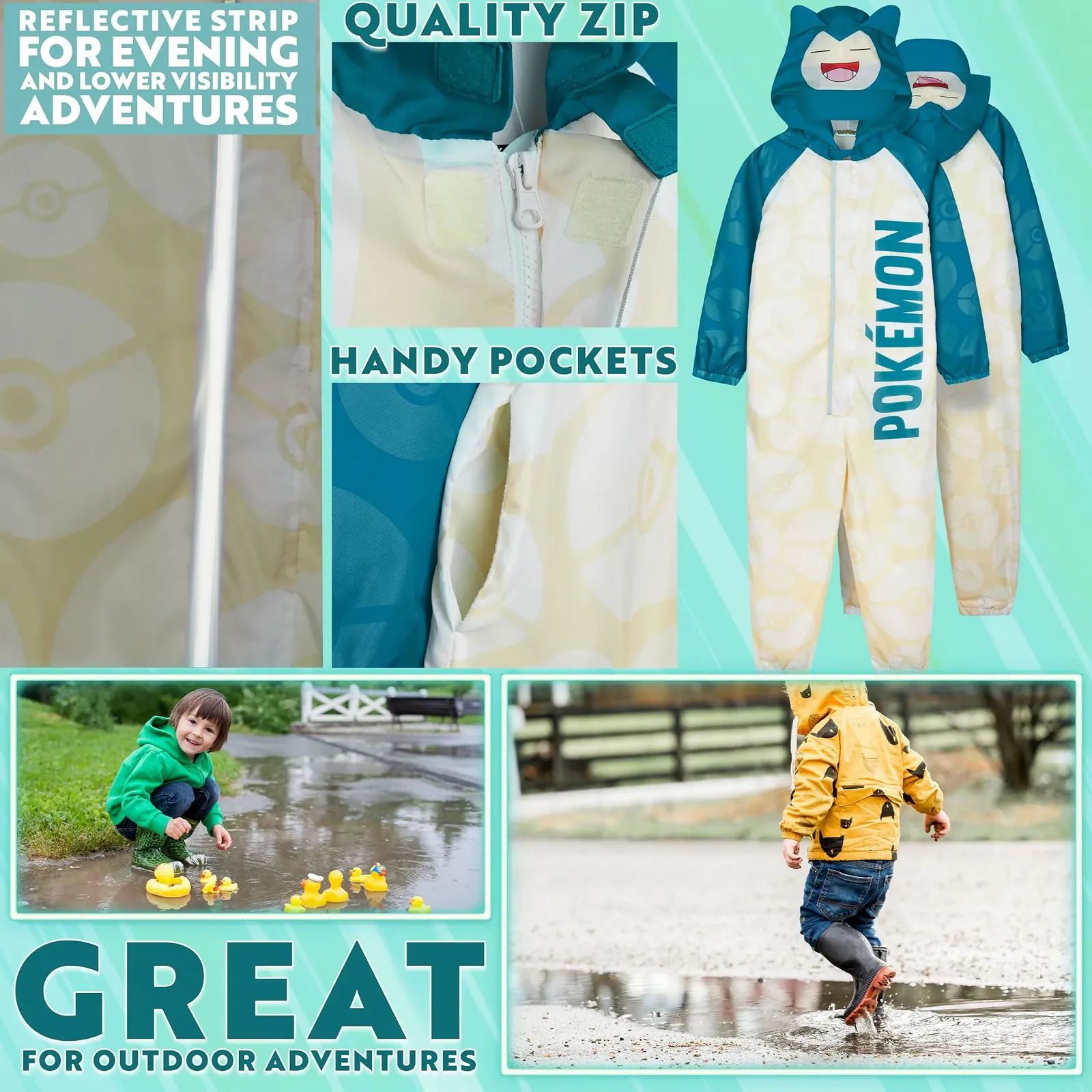 Дитячий дощовий комбінезон Pokemon Pikachu Relaxo Bulbasaur Водонепроникний з підкладкою, фото №3 Дитячий дощовий комбінезон Pokemon Pikachu Relaxo Bulbasaur Водонепроникний з підкладкою, фото №3