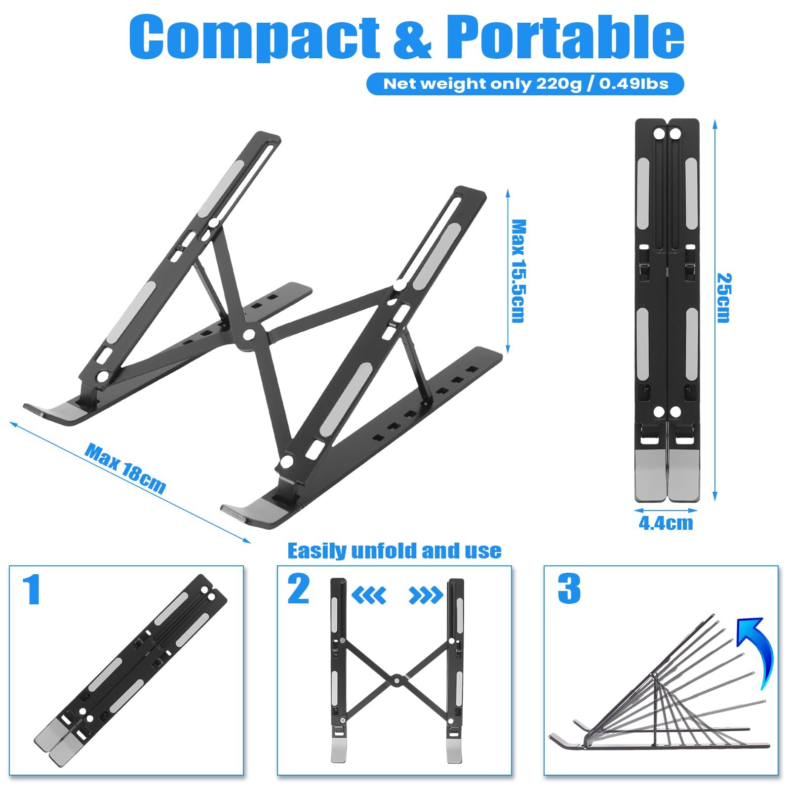 Подставка для ноутбука, складная подставка для ноутбука, регулируемая по высоте подставка для ноутбука из алюминиевого сплава, вентилируемая охлаждающая подставка для ноутбука, легкая, нескользящая, портативная для всех ноутбуков 10-16 дюймов (черный), фото №3