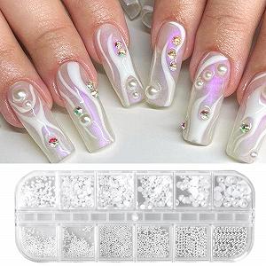 Стразы для ногтей Набор 12 Отсеков Жемчужные Полукруглые Белые - Фото 1