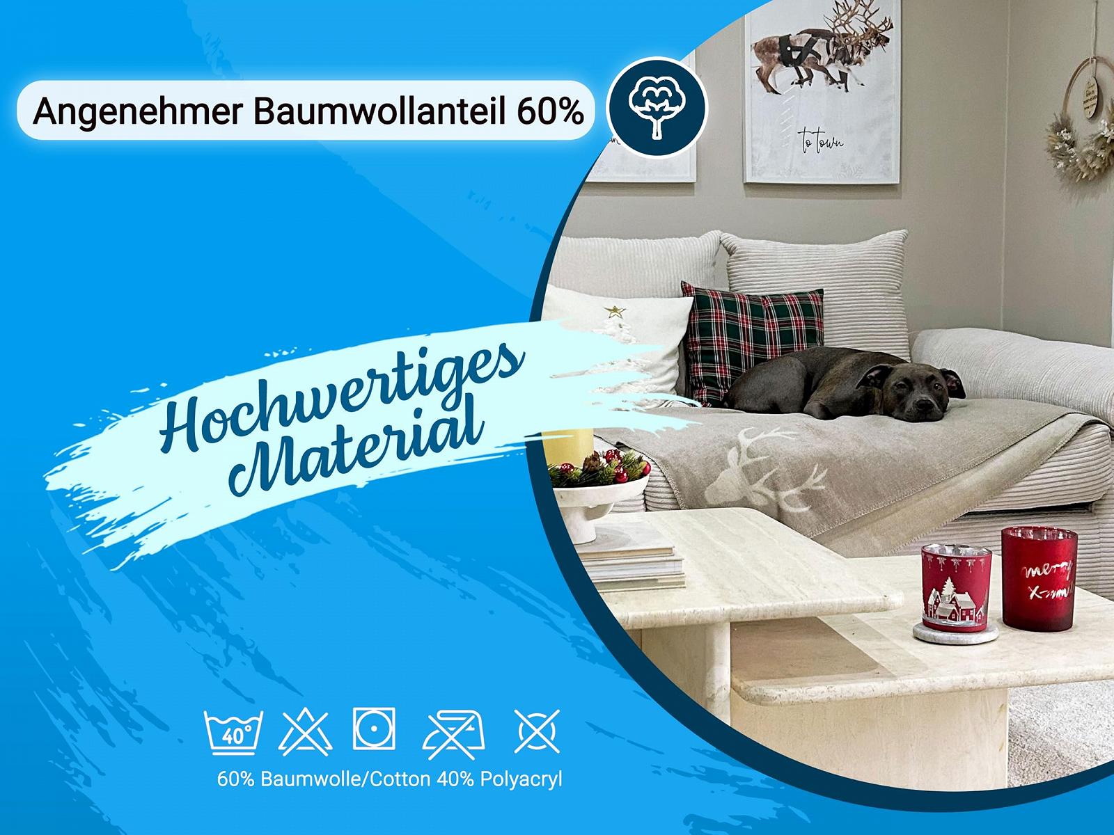 Одеяло ZOLLNER Мягкое 150 x 200 см - Пушистое и Мягкое Двустороннее Одеяло в Двух Простых Цветах - Модный Узор с Головой Оленя в Бежевом Цвете - Смешанная Ткань, фото №3