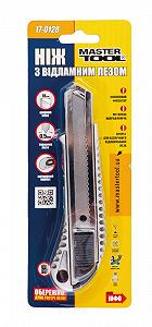 Ніж MASTERTOOL 18 мм металевий з направляючою кнопковий фіксатор 17-0128 synthetic.ua - Фото 1