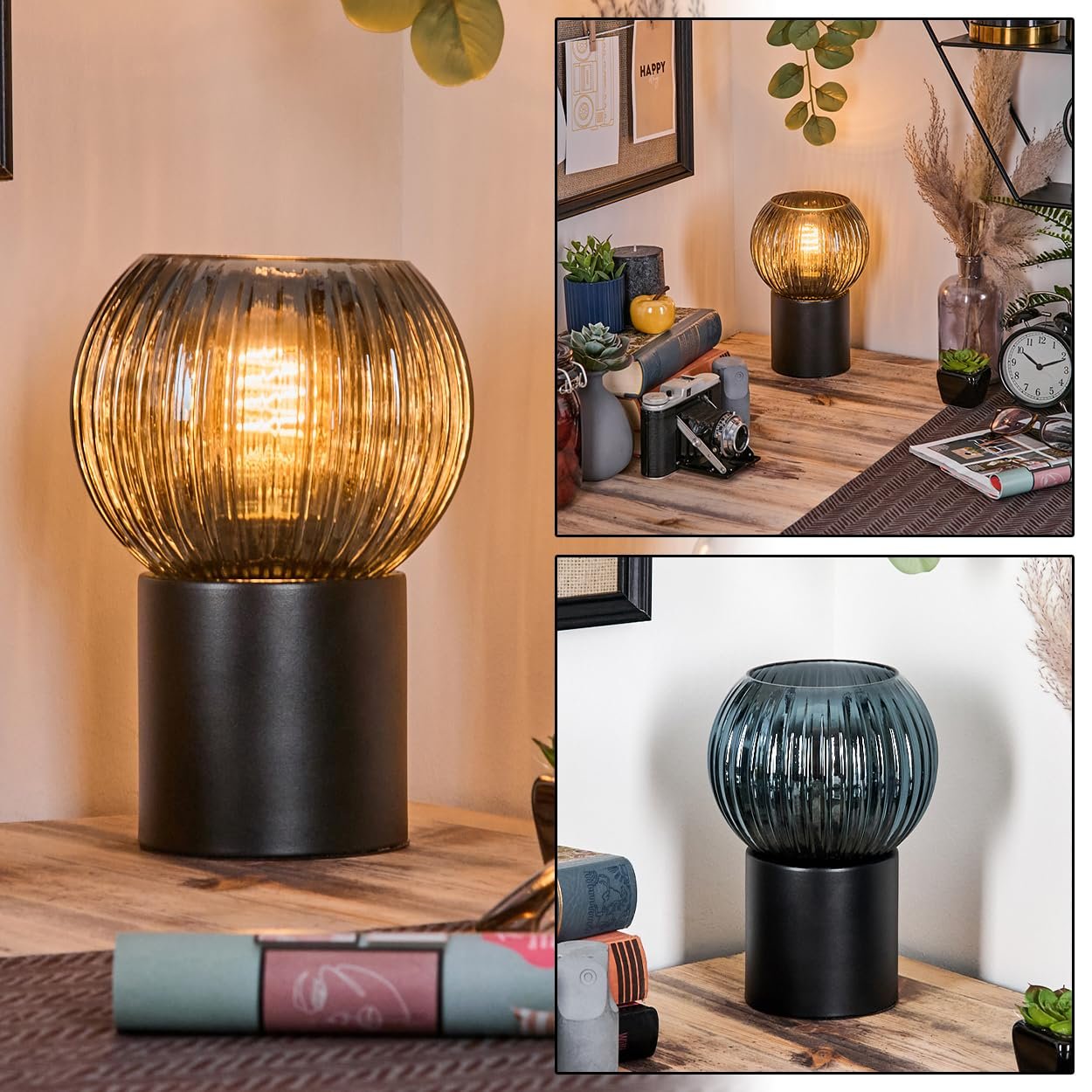 Настільна лампа HOFSTEIN Koyoto метал / рифлене скло 15 см E27 Чорний/Синій, фото №1