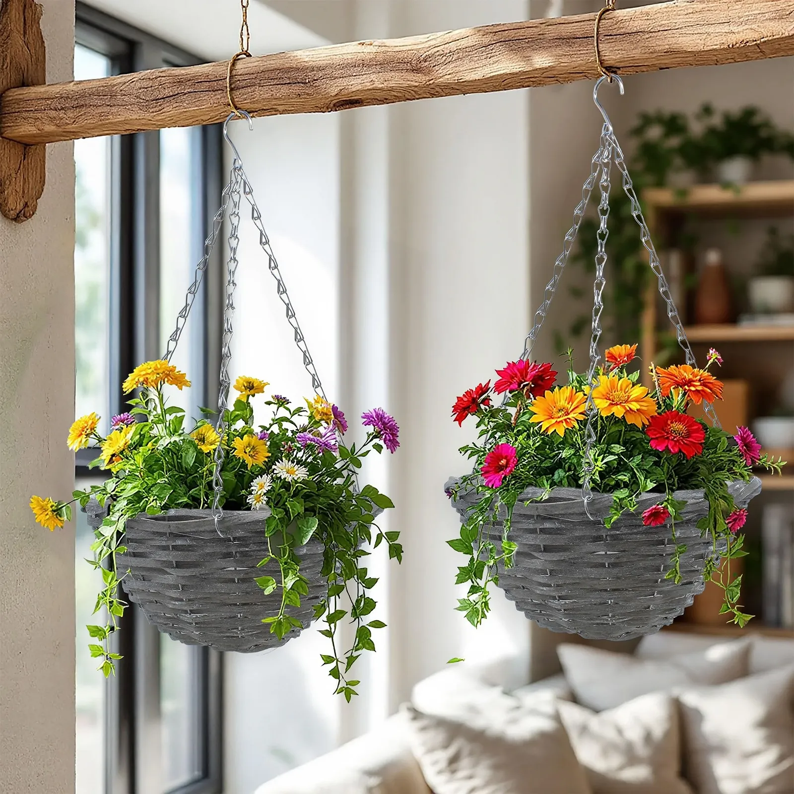 Плетені кошики для підвішування Spetebo Набір 2 шт 29 cm з плівкою та ланцюжком Сірий, фото №6 Плетені кошики для підвішування Spetebo Набір 2 шт 29 cm з плівкою та ланцюжком Сірий, фото №6