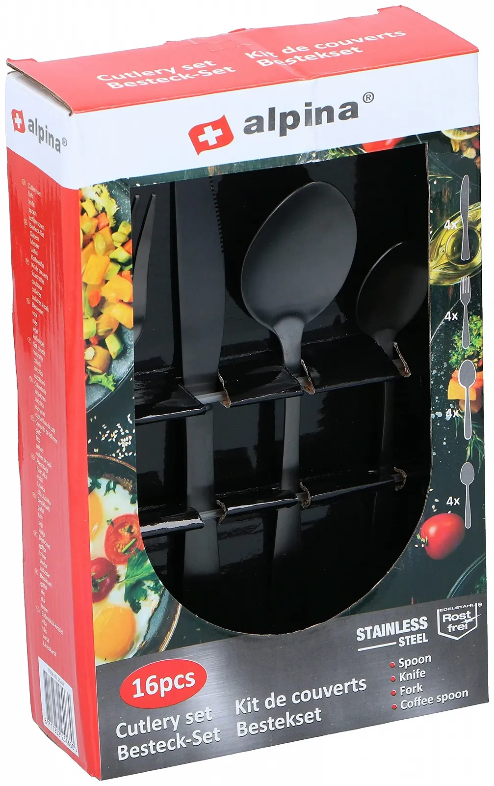 Набір столових приборів Alpina на 4 персони: 4 ножі, 4 виделки, 4 десертні ложки, 4 маленькі ложки, нержавіюча сталь, чорний, фото №4