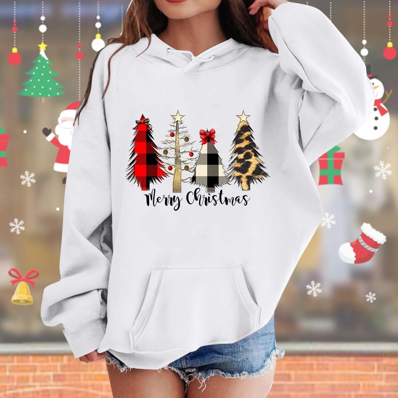 Рождественский джемпер с длинными рукавами для девочек, забавная рождественская толстовка с капюшоном, рождественский наряд, уродливая рождественская толстовка с оленем, снеговиком, принтом елки, фото №3