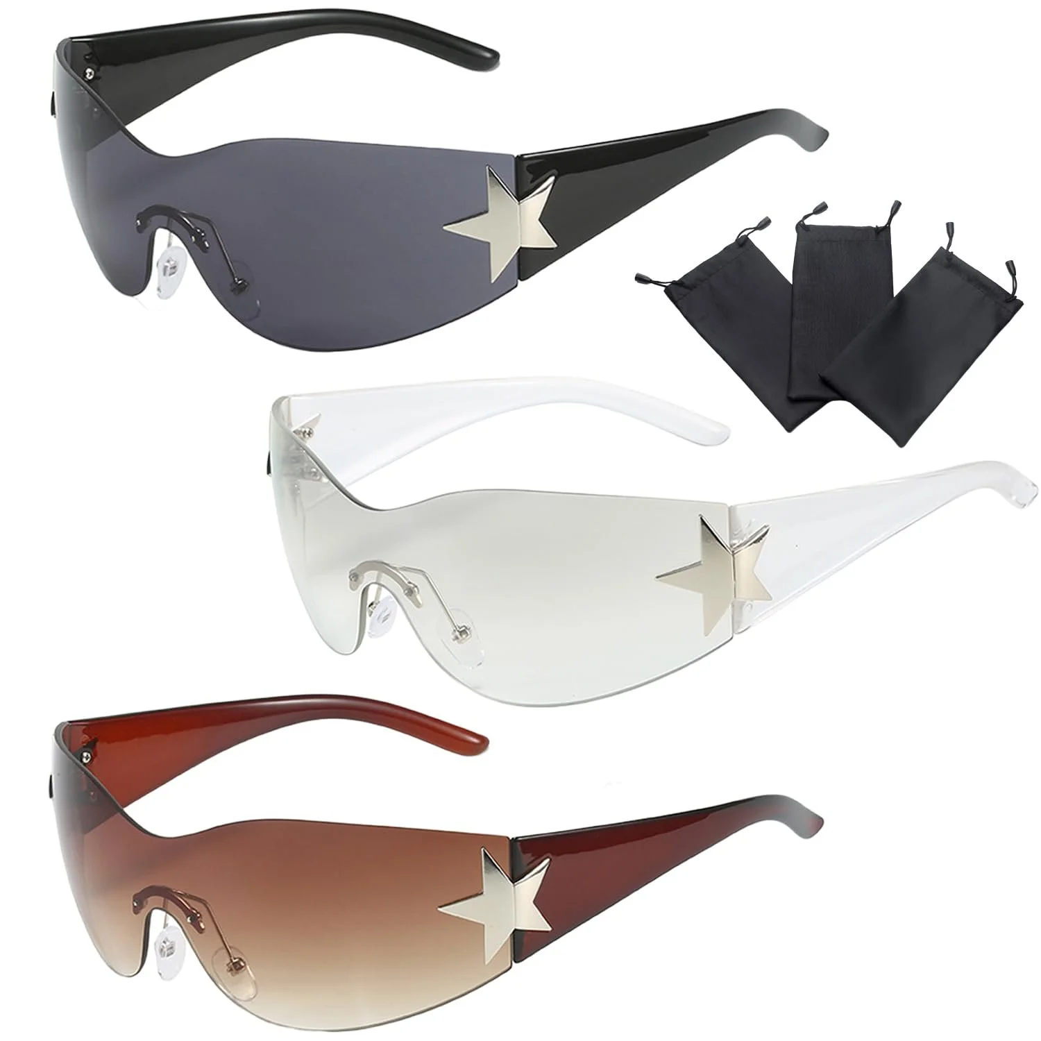 Очки Солнцезащитные Hachera Безоправные Y2k в стиле панк, 3 шт, Черный, белый, коричневый, фото №1