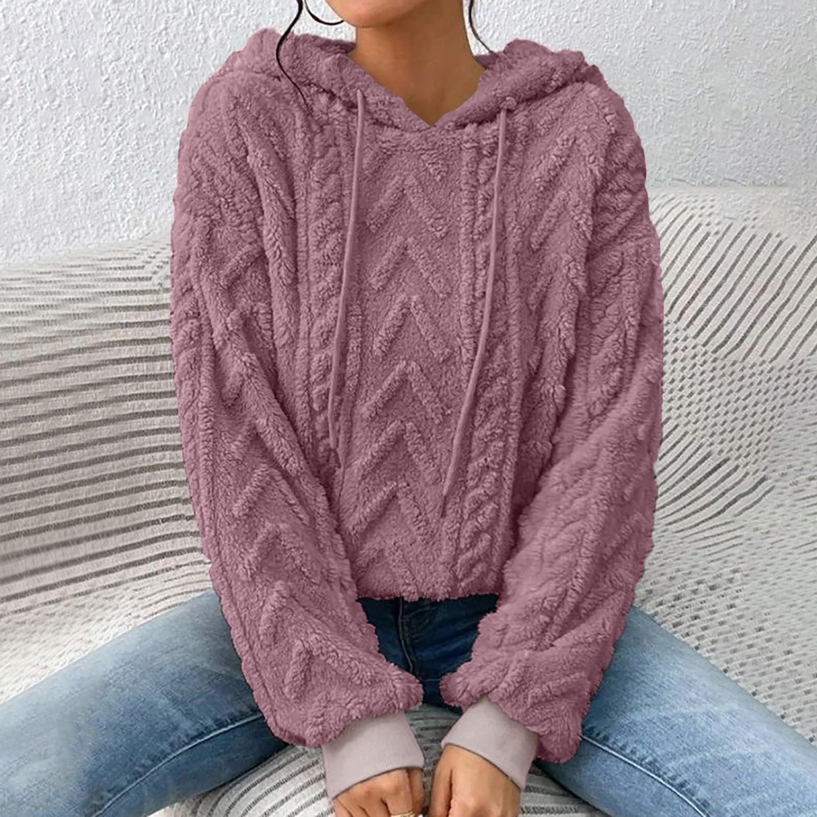 Жіноча плюшева кофта з капюшоном однотонна з довгими рукавами, фото №5 Жіноча плюшева кофта з капюшоном однотонна з довгими рукавами, фото №5