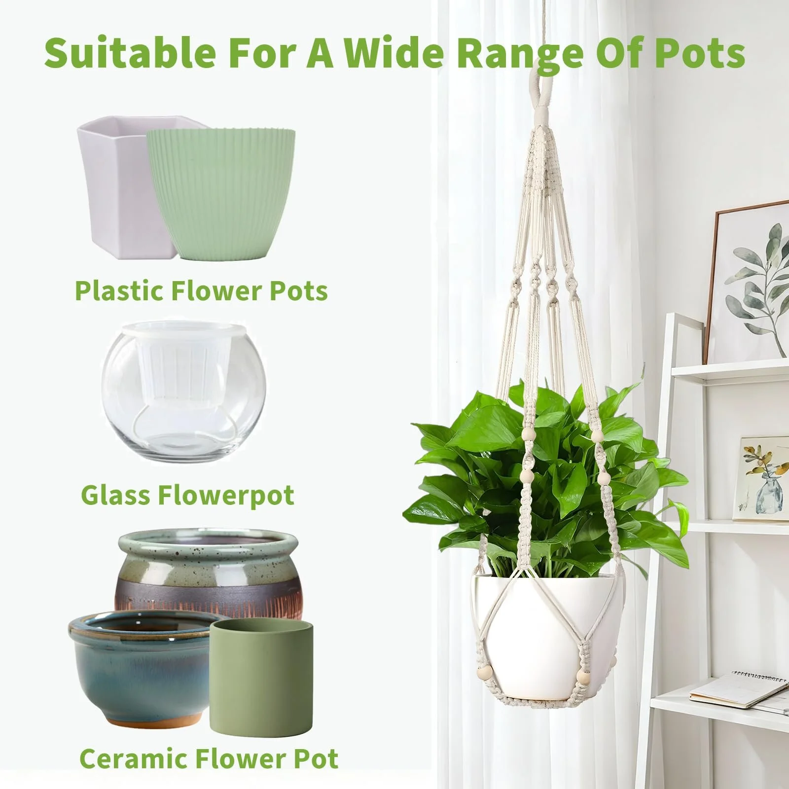 Набор подвесных корзин макраме 2 шт. 35 дюймов хлопок с крючками белый, фото №4