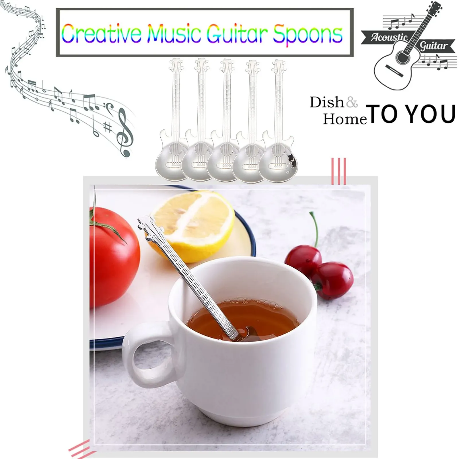 Ложка Кофейная ложка гитара Гитарные Музыкальные подарки Серебристый (6 шт с открывашкой), фото №3