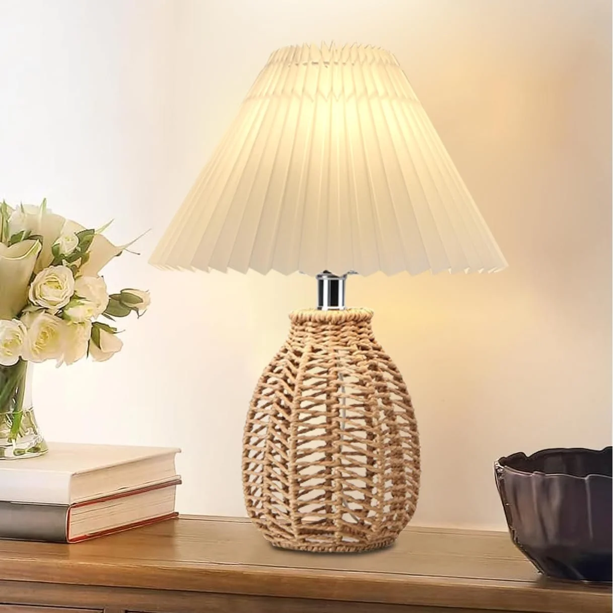 Настільна лампа Boho Vintage Rattan White Fabric Shade Бежева/Біла, фото №5