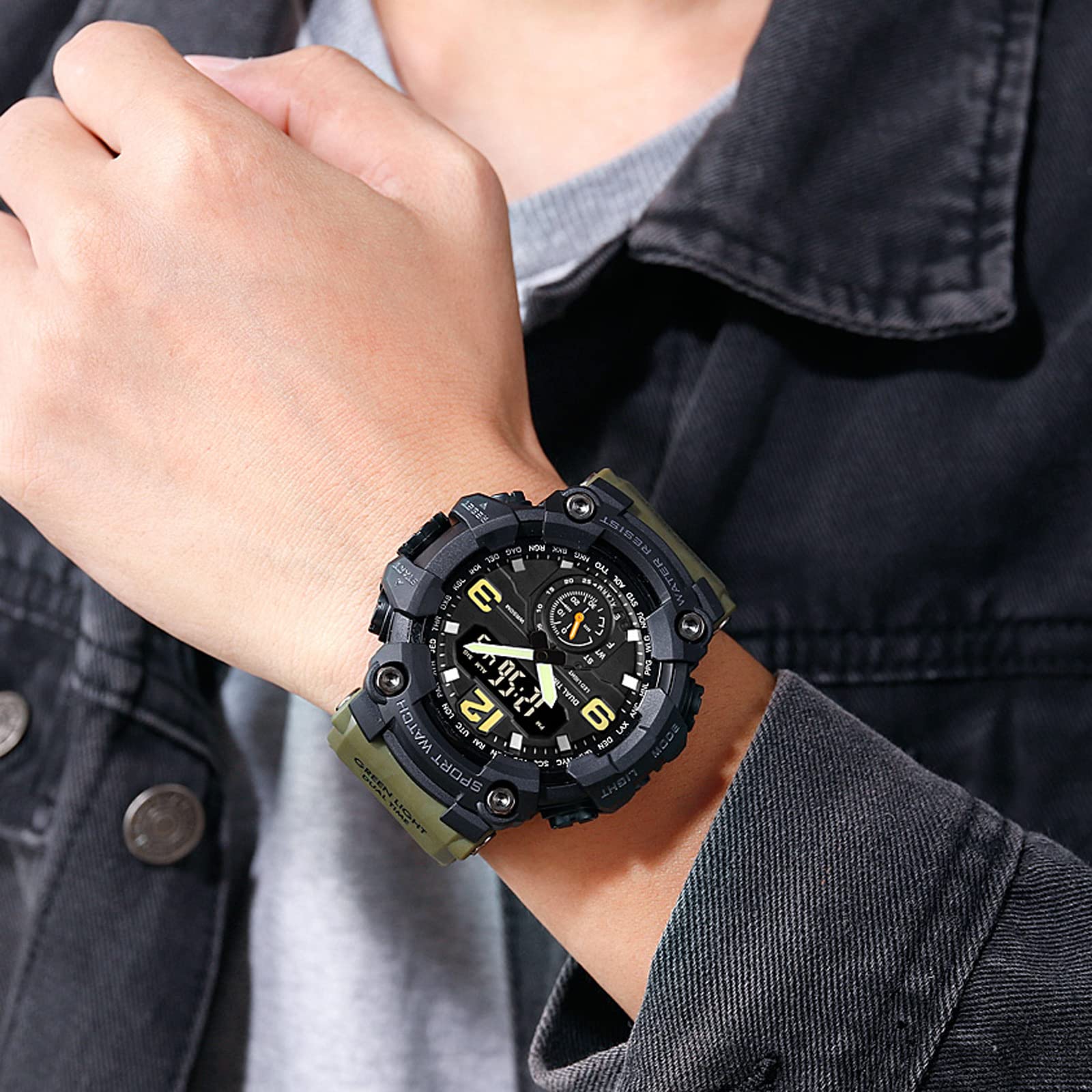 Часы Digital findtime Большие для мужчин и мальчиков 5ATM Водонепроницаемые Спортивные 12-24H Будильник Дата Секундомер Три часовых пояса Военные тактические, фото №2