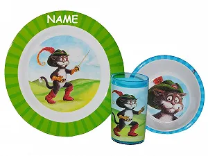 Набір дитячого посуду Кіт у чоботях, меламін, тарілка + миска + чашка - Фото 1