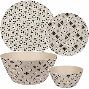 Набір посуду Пластиковий 2 тарілки + миска + миска Ретро-ностальгічний дизайн Синій/Кремовий - Фото 1