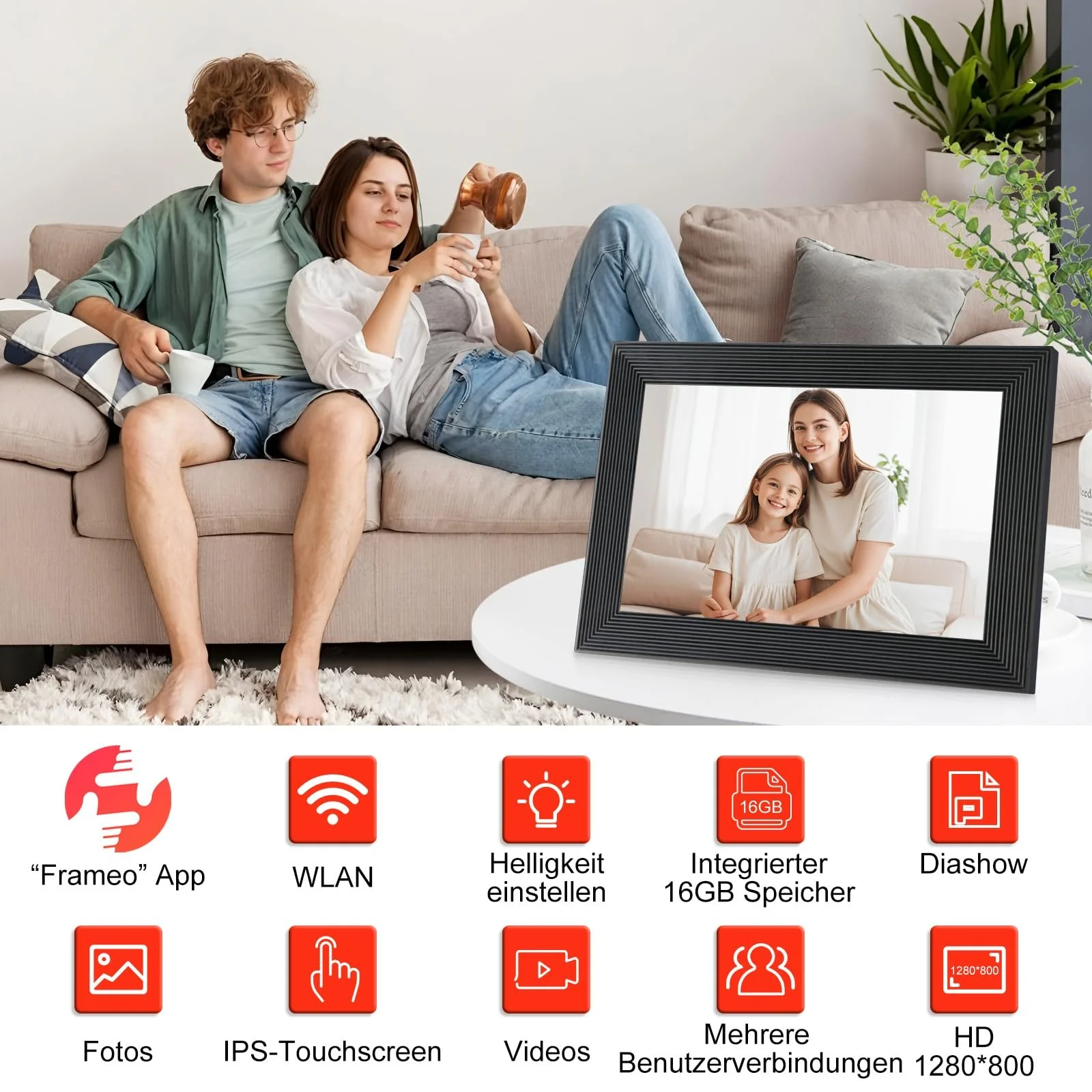 Цифровая фоторамка Jaihonda 10 дюймов 1280 x 800 16 ГБ WiFi Черный, фото №4