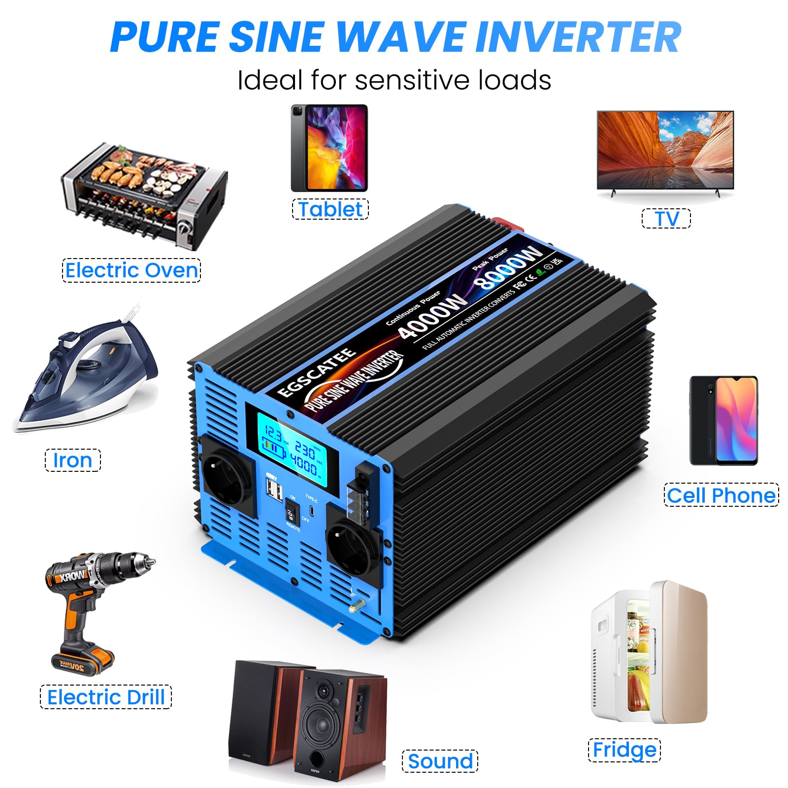 Інвертор 4000 W 12 V 230 V перетворювач напруги чистої синусоїди з 2 EU розетками, USB Виходом, Type-C, пультом дистанційного керування та LCD дисплеєм пікова потужність 8000 W для вантажівки кемпінгу аварійний кемпер фургон, фото №6