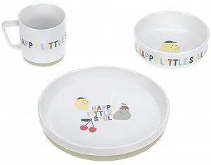 Дитячий порцеляновий набір посуду LÄSSIG Happy Fruits (тарілка, миска, чашка) з силіконовим кільцем synthetic.ua - Фото 1