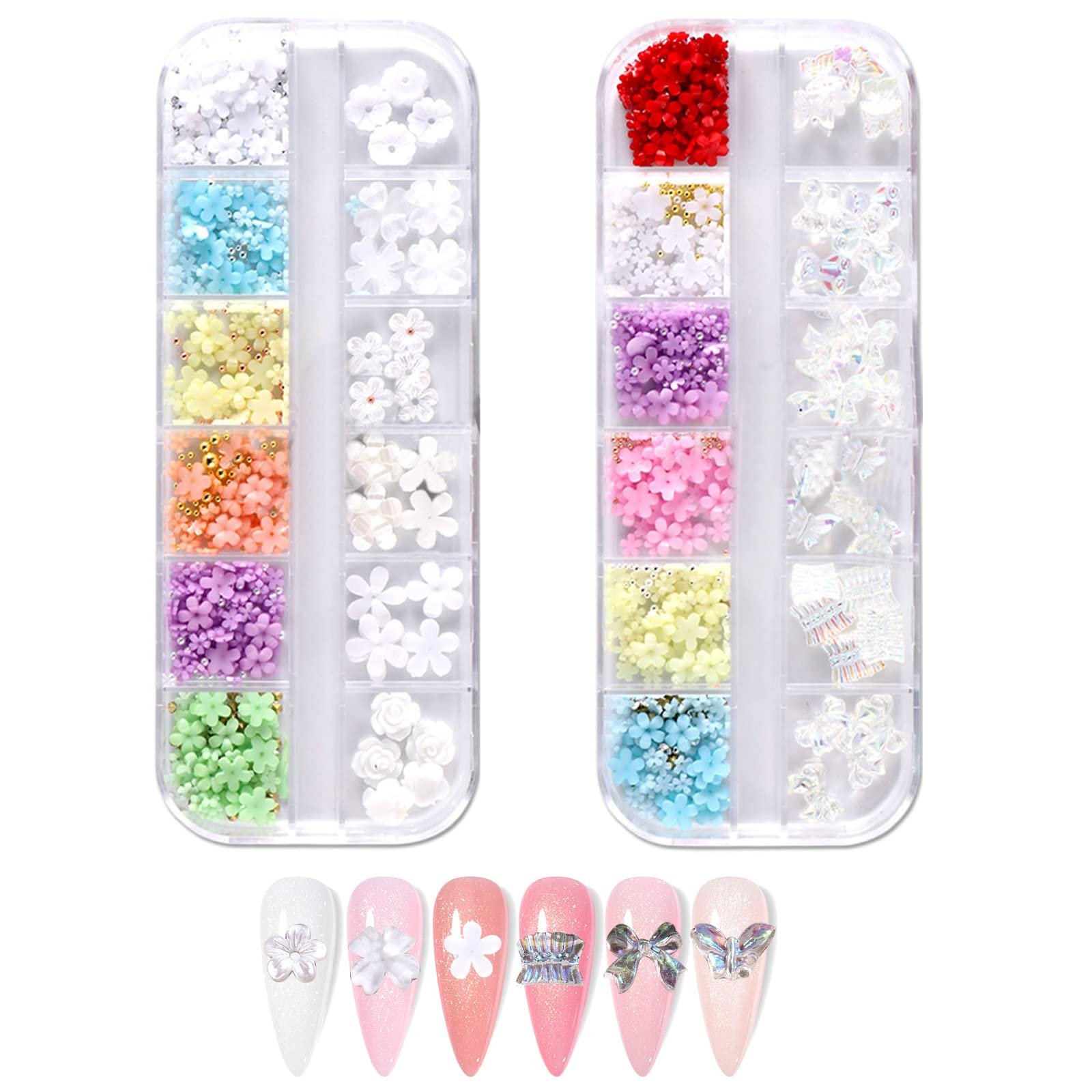 Квіти для нігтів 2 коробки акрилових квітів і бантиків для нігтів із золотисто-срібними намистинами ікрою, фото №1