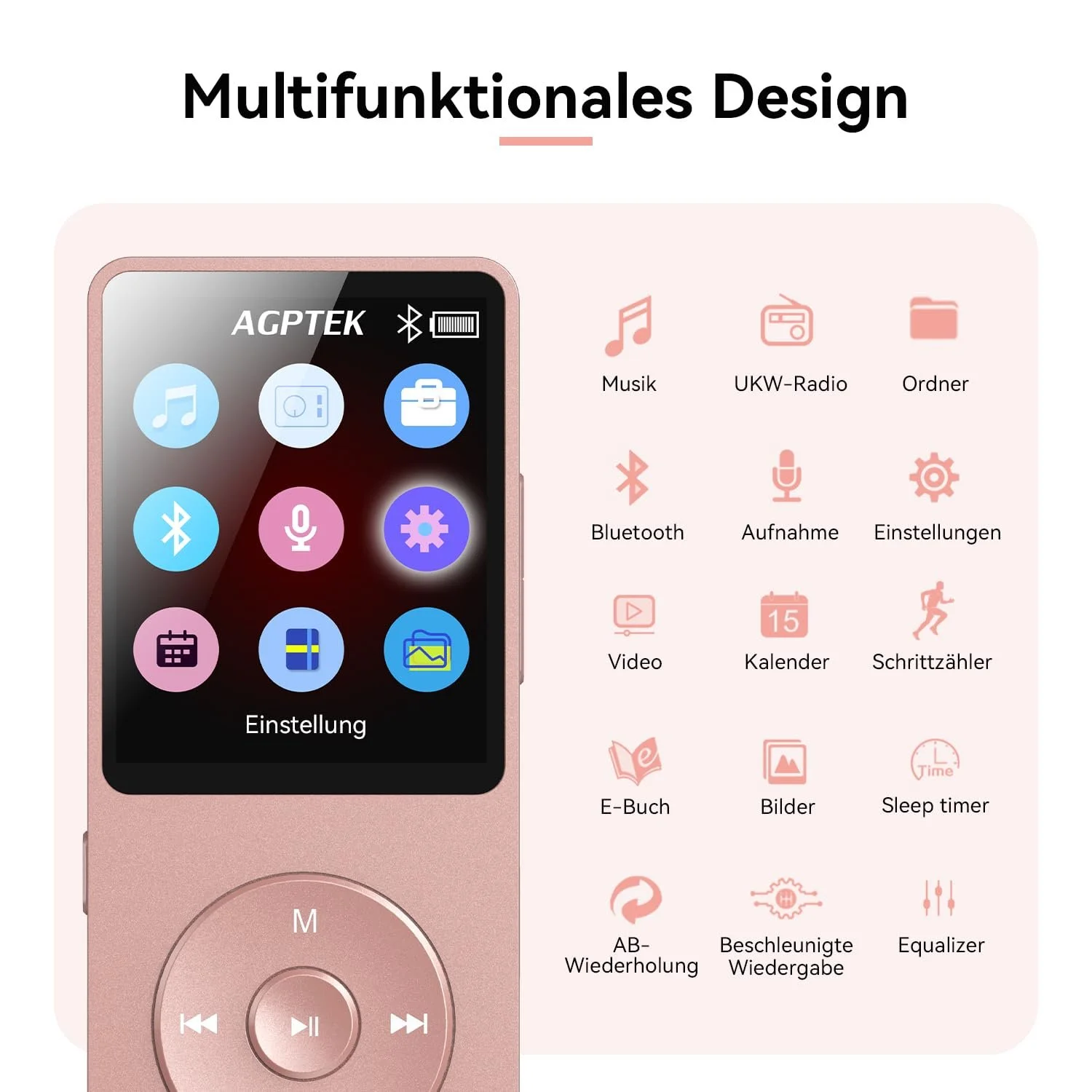 MP3-плеєр AGPTEK 64 ГБ Bluetooth 5.3 з динаміком, 40 годин автономної роботи, маленький і класичний спортивний MP3 з екраном 1,8 дюйма, FM-радіо (без навушників), TF-карта до 128 ГБ, рожевий, фото №7