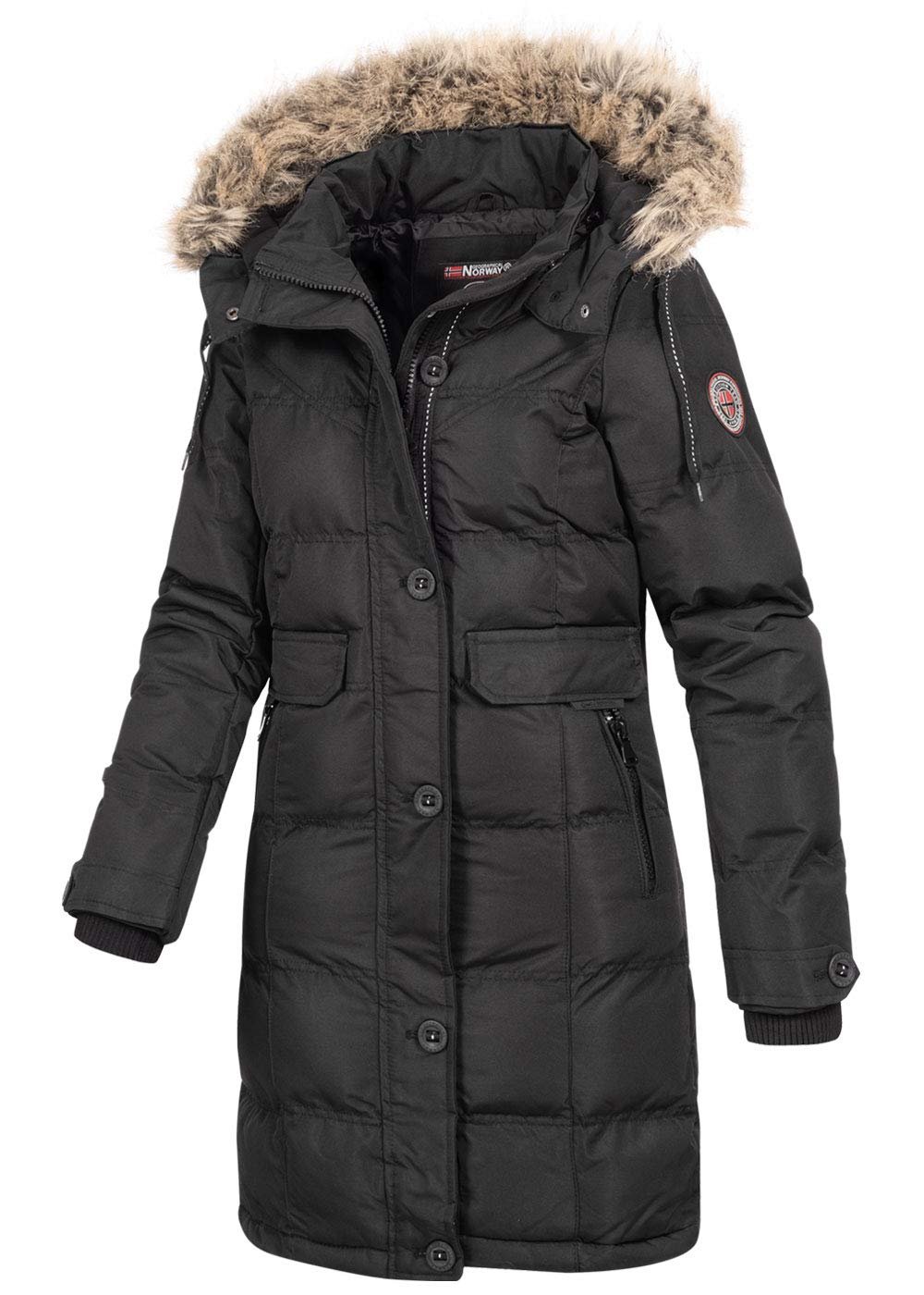 Женская зимняя парка Geographical Norway с капюшоном, искусственным мехом, съемными штормовыми манжетами и нашивками, темно-синяя, фото №2
