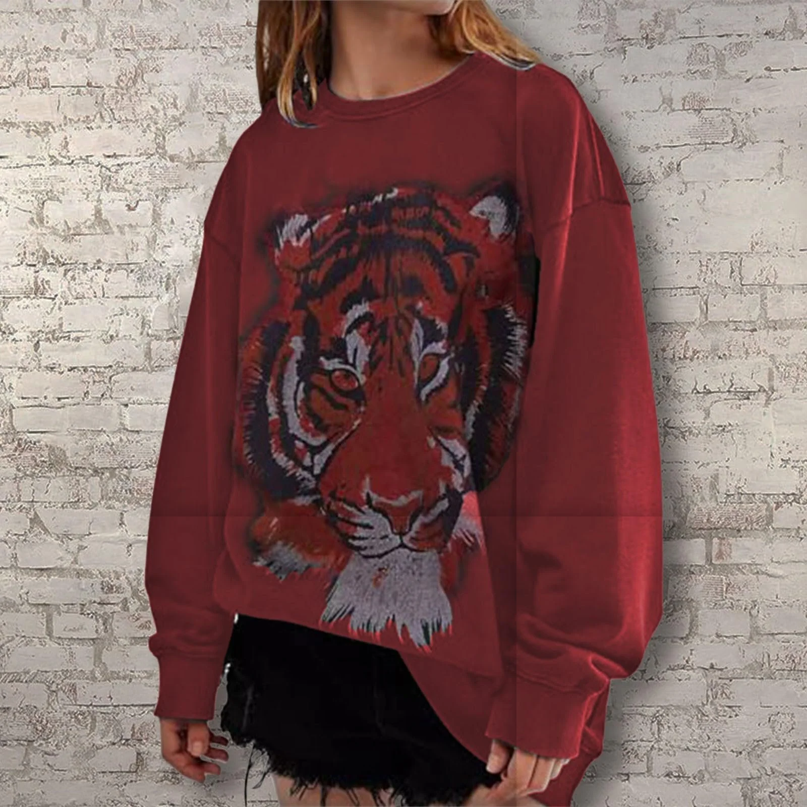 Свитшот Женский 2025 Tiger Print Графический Свободный Круглый вырез Длинный рукав, фото №3