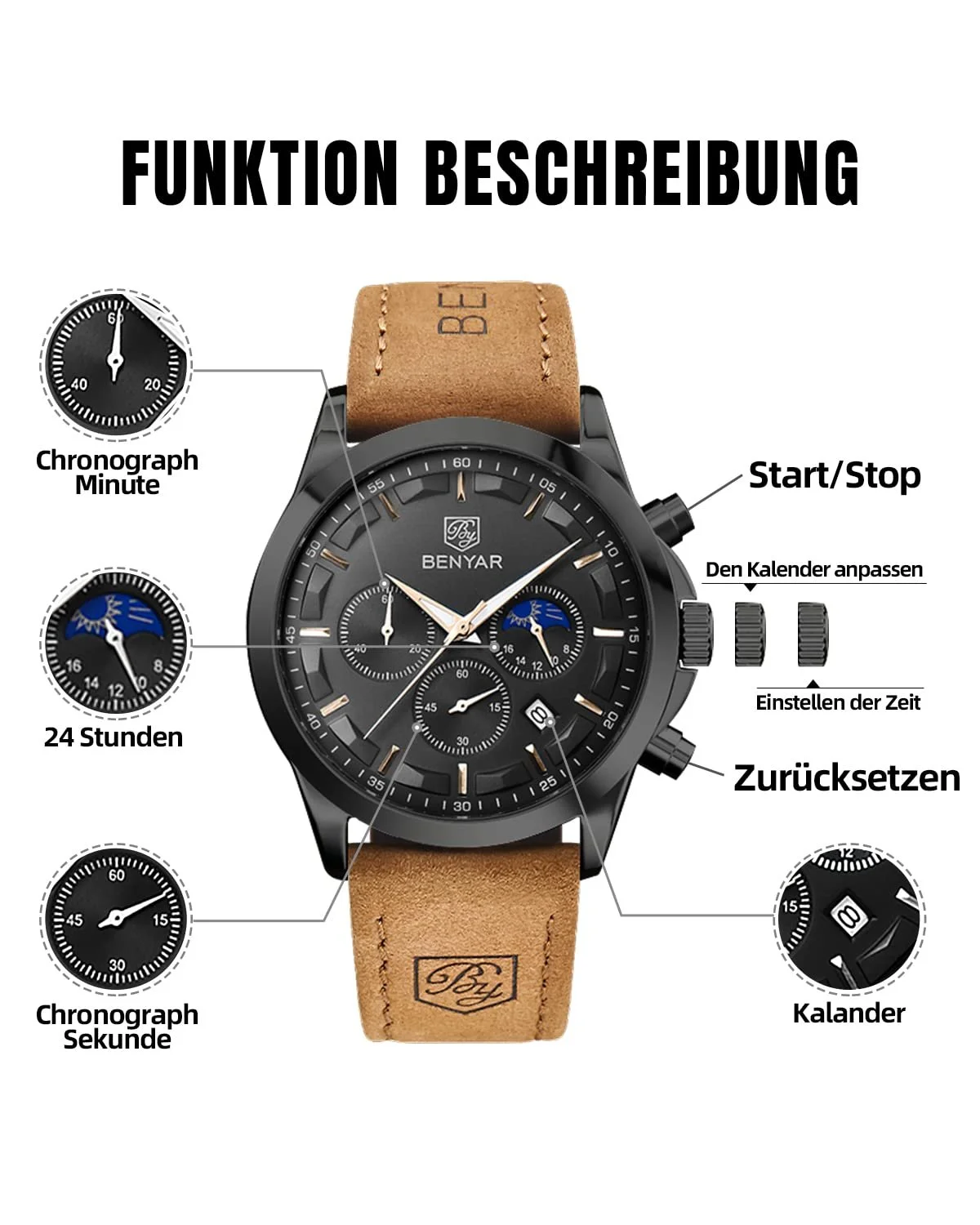 Мужские часы Benyar Хронограф Водонепроницаемые Кожаный Ремешок / Нержавеющая сталь Кварц Золотой / Серебряный / Синий / Черный, фото №3 Мужские часы Benyar Хронограф Водонепроницаемые Кожаный Ремешок / Нержавеющая сталь Кварц Золотой / Серебряный / Синий / Черный, фото №3