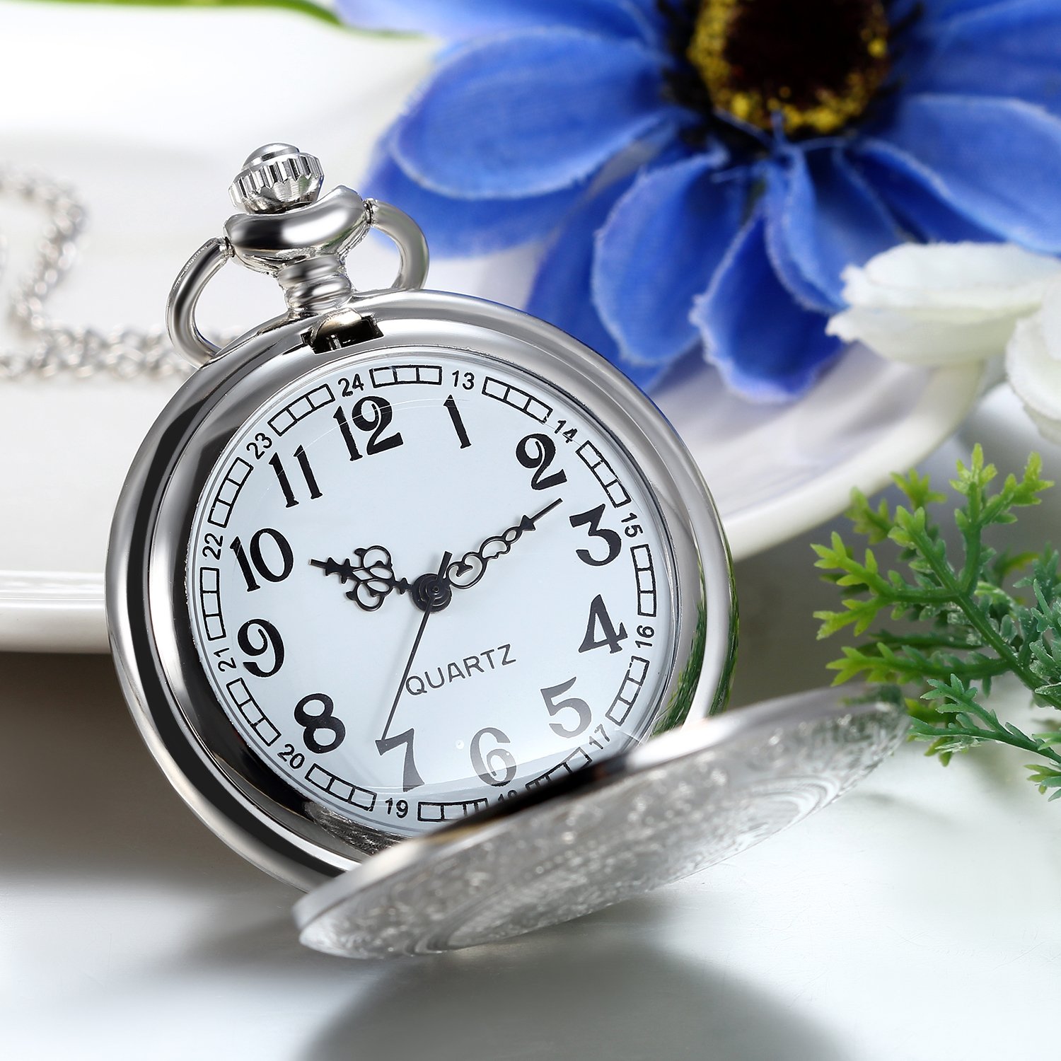 Taschenuhr JewelryWe Классическая Аналог Quarz с ожерельем с цепью серебряный для женщин и мужчин с зелёным флуоресцентным циферблатом, фото №3
