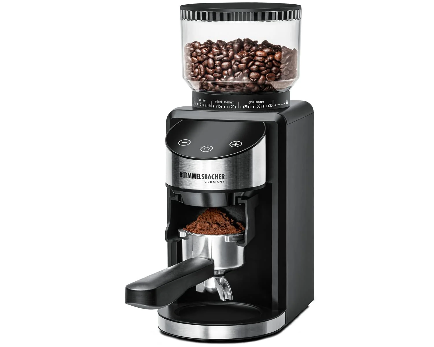 Кофемолка ROMMELSBACHER EKM 400, антистатическая функция, 12 порций, держатель для портафильтра, 35 уровней помола, контейнер для зерен 220 г, контейнер для порошка, 130 Вт, серебристый, фото №4 Кофемолка ROMMELSBACHER EKM 400, антистатическая функция, 12 порций, держатель для портафильтра, 35 уровней помола, контейнер для зерен 220 г, контейнер для порошка, 130 Вт, серебристый, фото №4