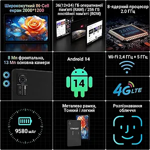 Планшет 11" Full HD DEEMWOLF P7 12+24/256 Gb 4G 2-SIM 8 ядер Android 14 9580 mAh Чорний synthetic.ua - Фото 1