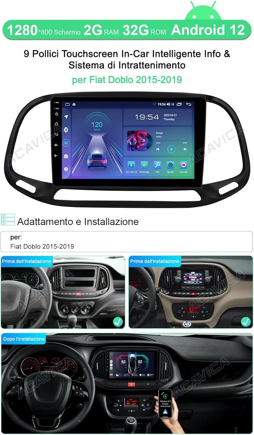 Автомагнітола Acavica для Fiat Doblo (2015-2019) / 9" / 2/32 Гб / Android 13 / Apple CarPlay / Android Auto / Bluetooth / Wi-Fi / GPS / USB / black, фото №2