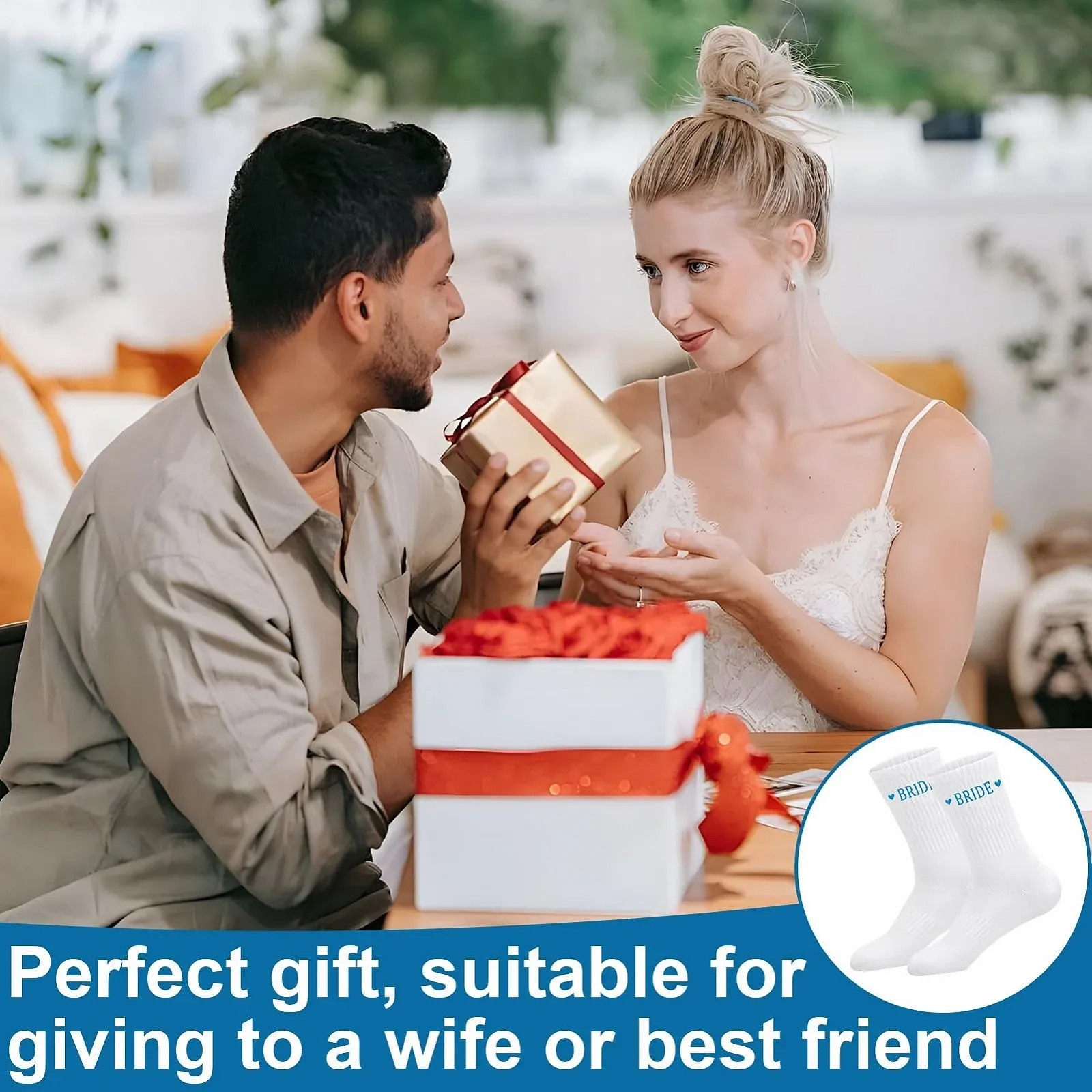 Свадебные носки (4 пары) Голубые, белые; Белая подвязка; Кружевные рукава с бантом; Эластичные кружевные свадебные носки, фото №5