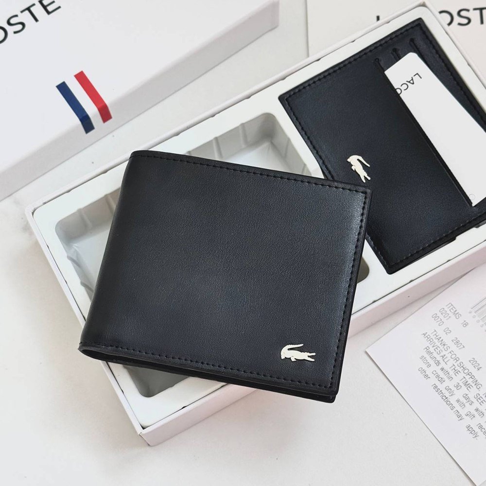 Чоловіче брендовий гаманець із натуральної шкіри Lacoste чорний в подарунковій коробці з картхолдером, фото №9
