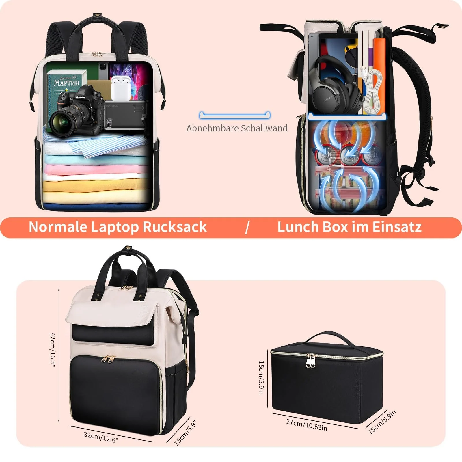 Рюкзак BERTASCHE Lunch для ноутбука 17.3" 2-в-1 з термосумкою чорно-бежевий, фото №2