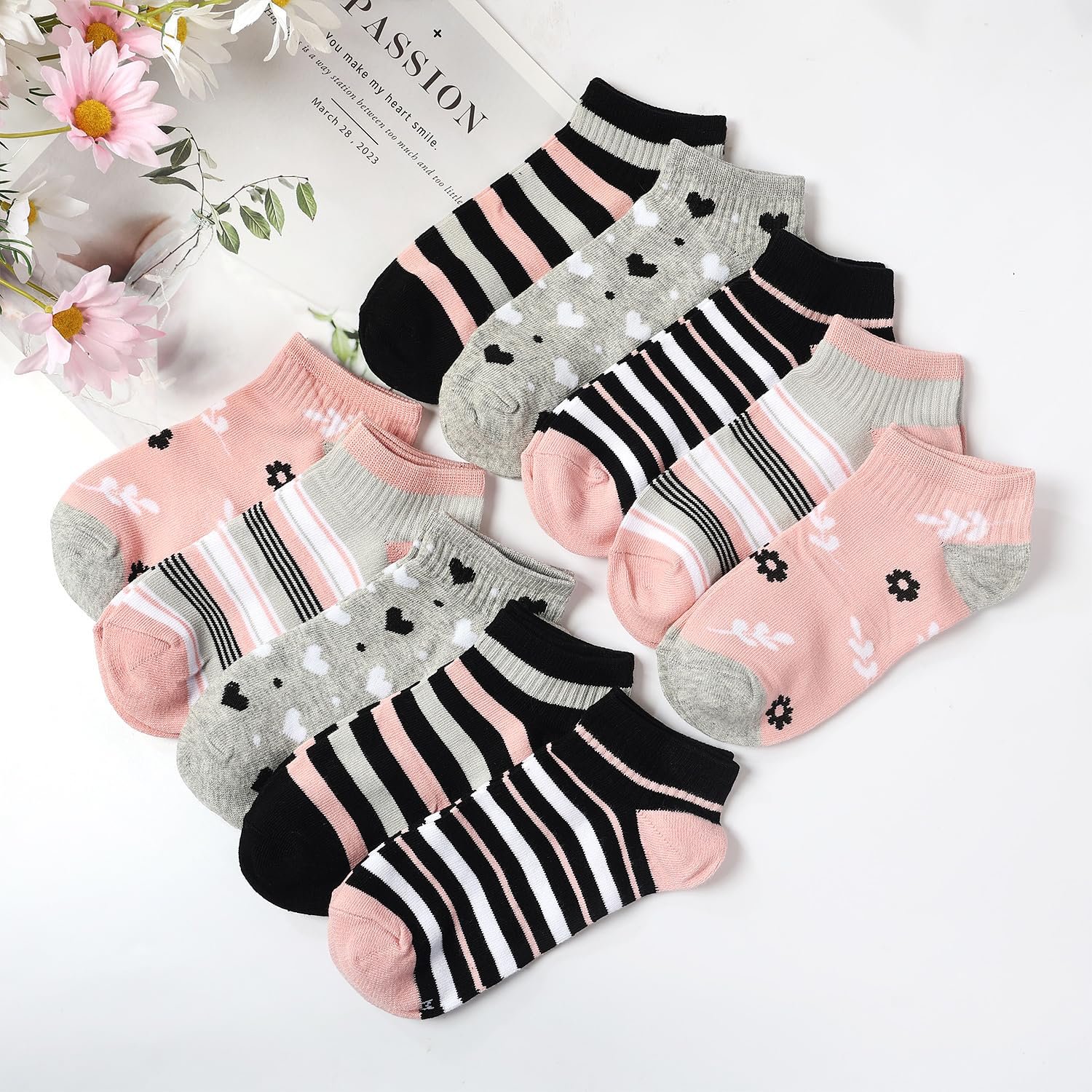 Носки для кроссовок Женские 35-38 39-42, 10 пар Хлопковые Короткие Носки, Носки для Девочек, Разноцветные Носки для Тренеров, Цветные Женские Носки в Полоску и Горошек, фото №5
