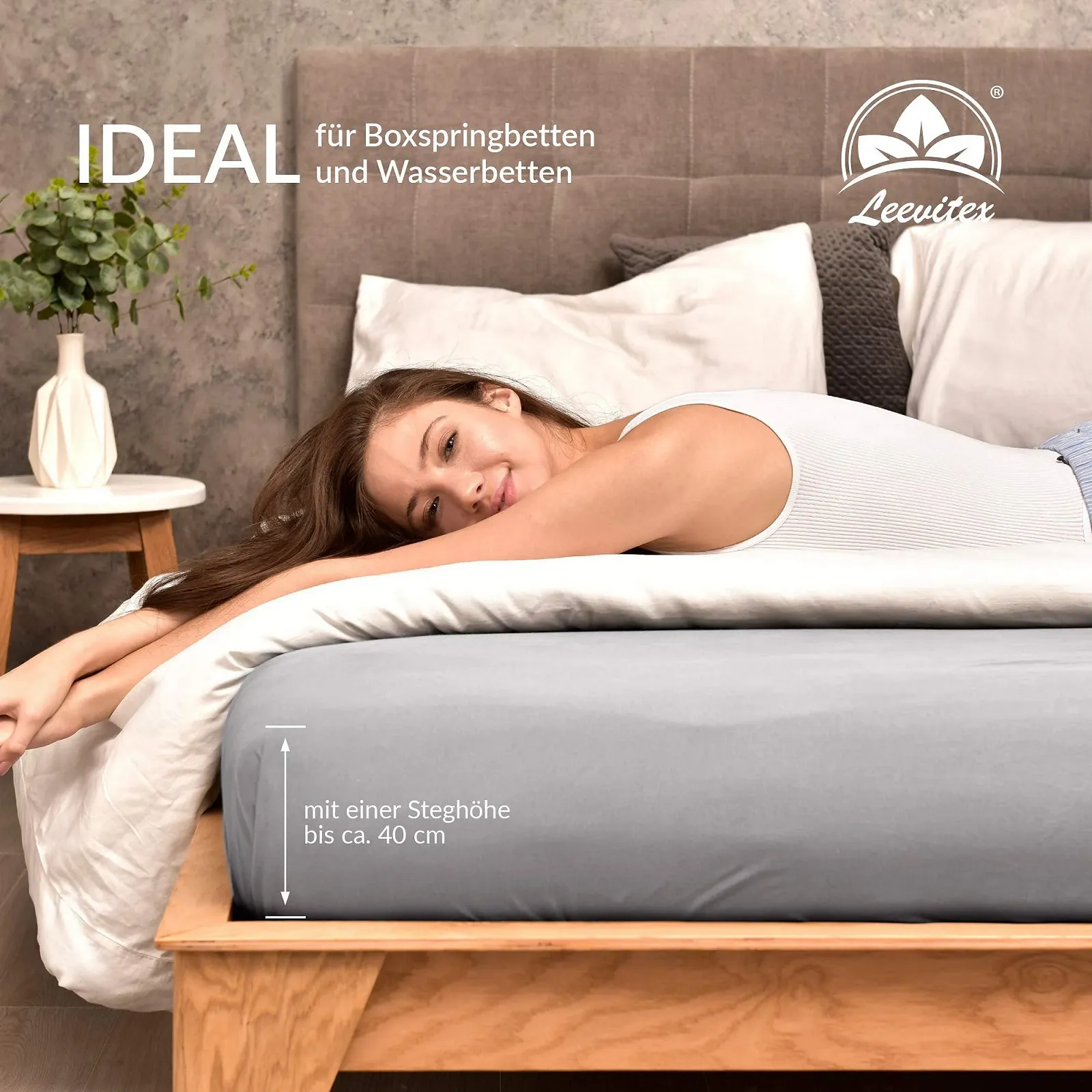 Простыня на резинке Premium, очень плотная, 97% хлопок Mako Jersey и 3% эластан, также подходит для кровати с пружинным блоком, 90 x 200-100 x 220 см, серая, фото №2