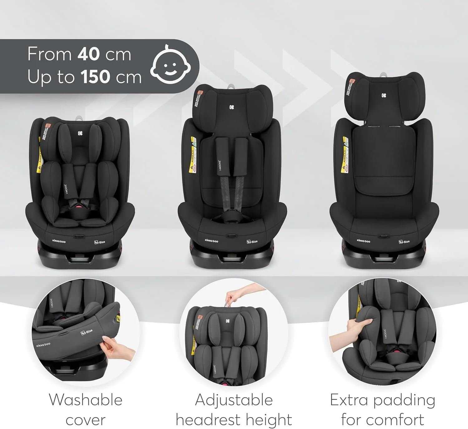 Детское автокресло KikkaBoo i-Moove 2 i-Size / 40–150 см / Поворот на 360° / Чёрный, фото №5