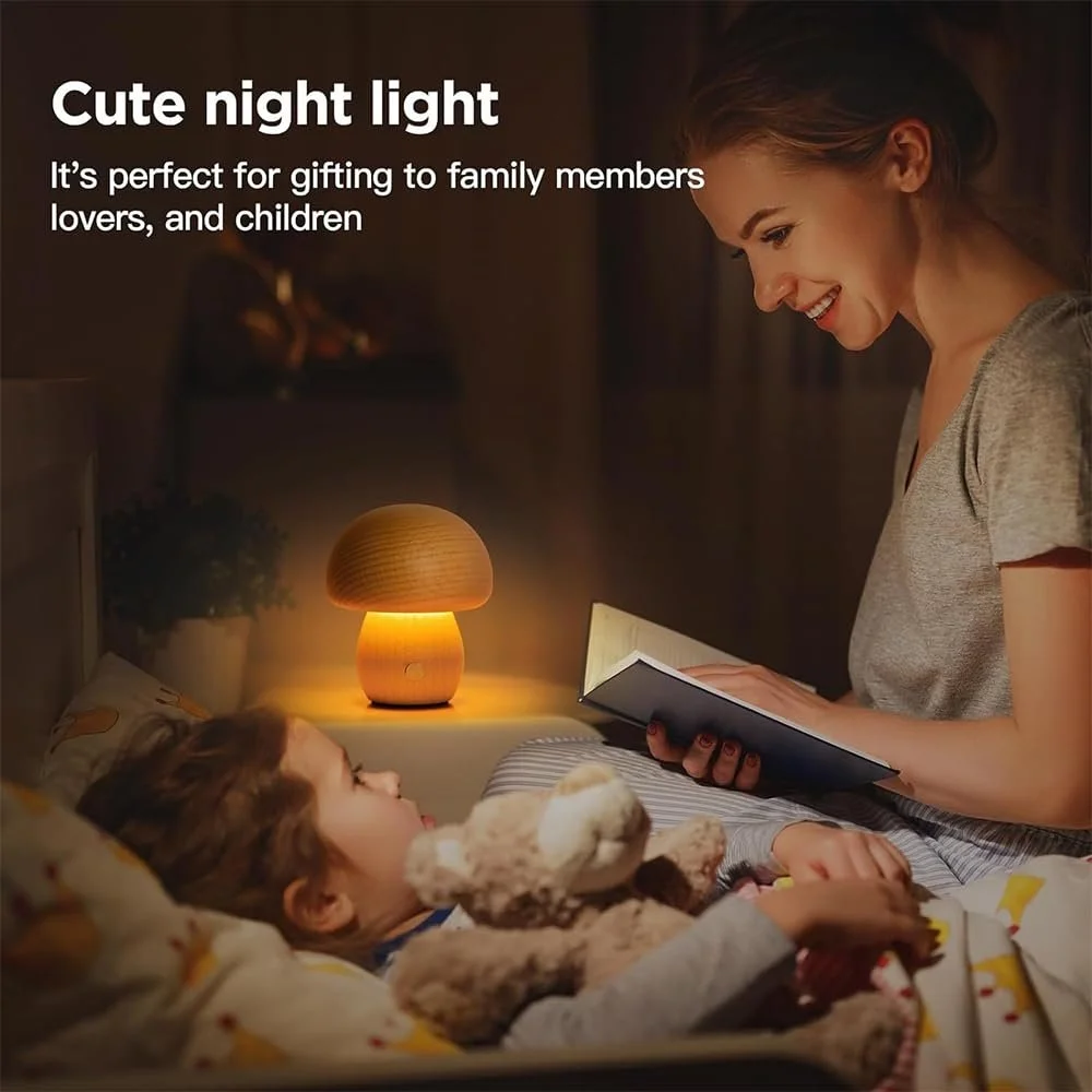 Настільна лампа Mushroom LED дерев'яна USB сенсорна ретро, фото №3