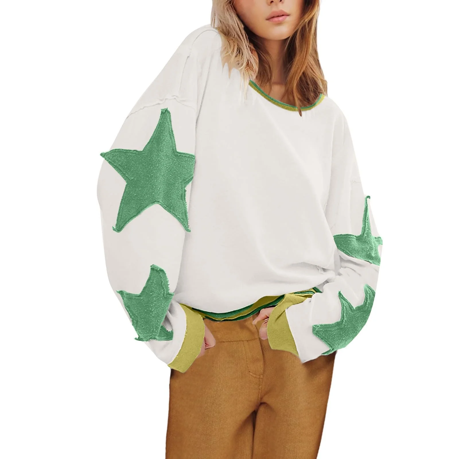 Свитшот NZYIHAO Oversize Женский Повседневный Звездный Принт Длинный Рукав Пэчворк Топы Длинный Рукав Круглый Вырез Джемпер Полосатая Рубашка Цветной Блок Туника Зимняя Длинная Рубашка Streetwear, фото №3